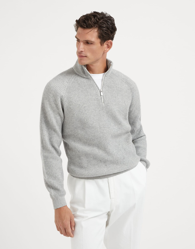 Cashmere vanisé English rib turtleneck sweater with zipper and raglan sleeves 1