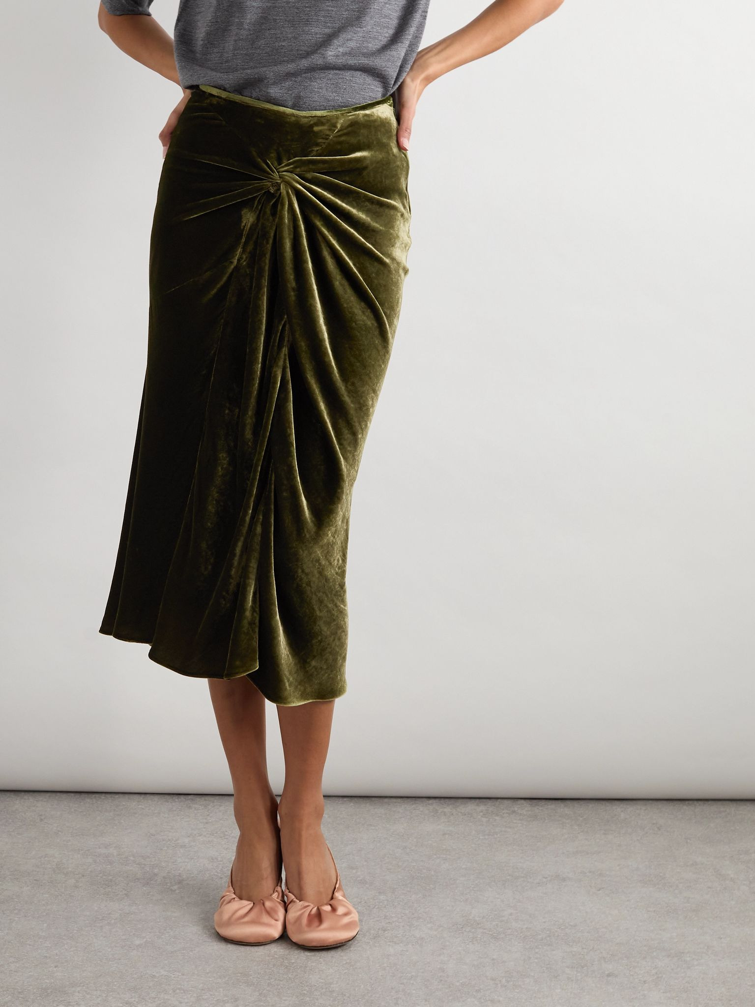 Ruched velvet midi skirt Green - 3