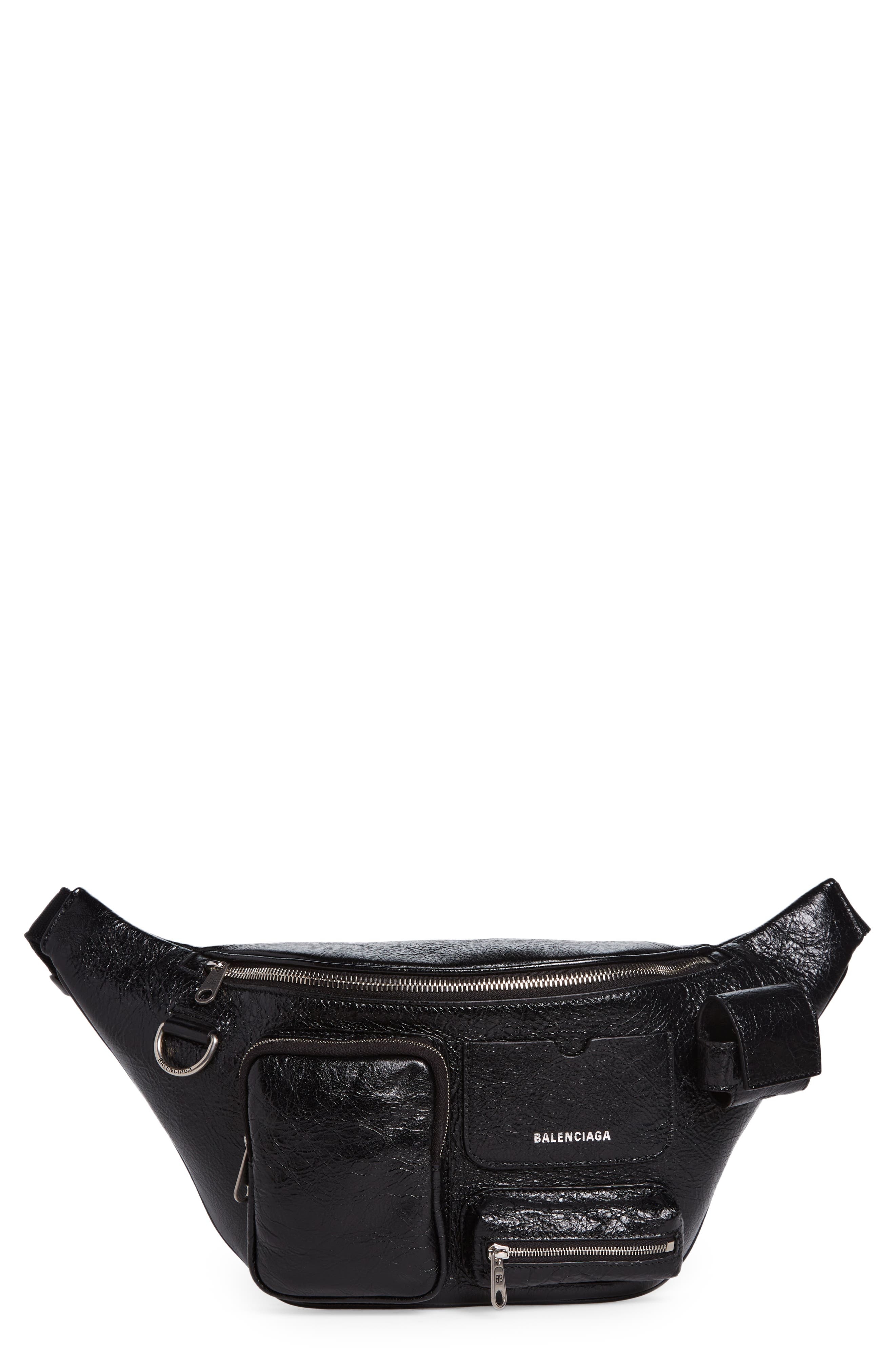 Balenciaga Superbusy Crinkle Leather Belt Bag in Black at Nordstrom - 1