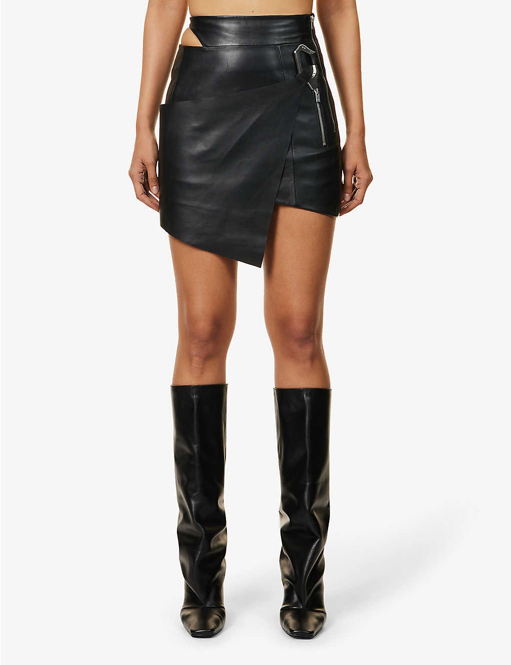 Carabiner-clasp panelled leather mini skirt - 3