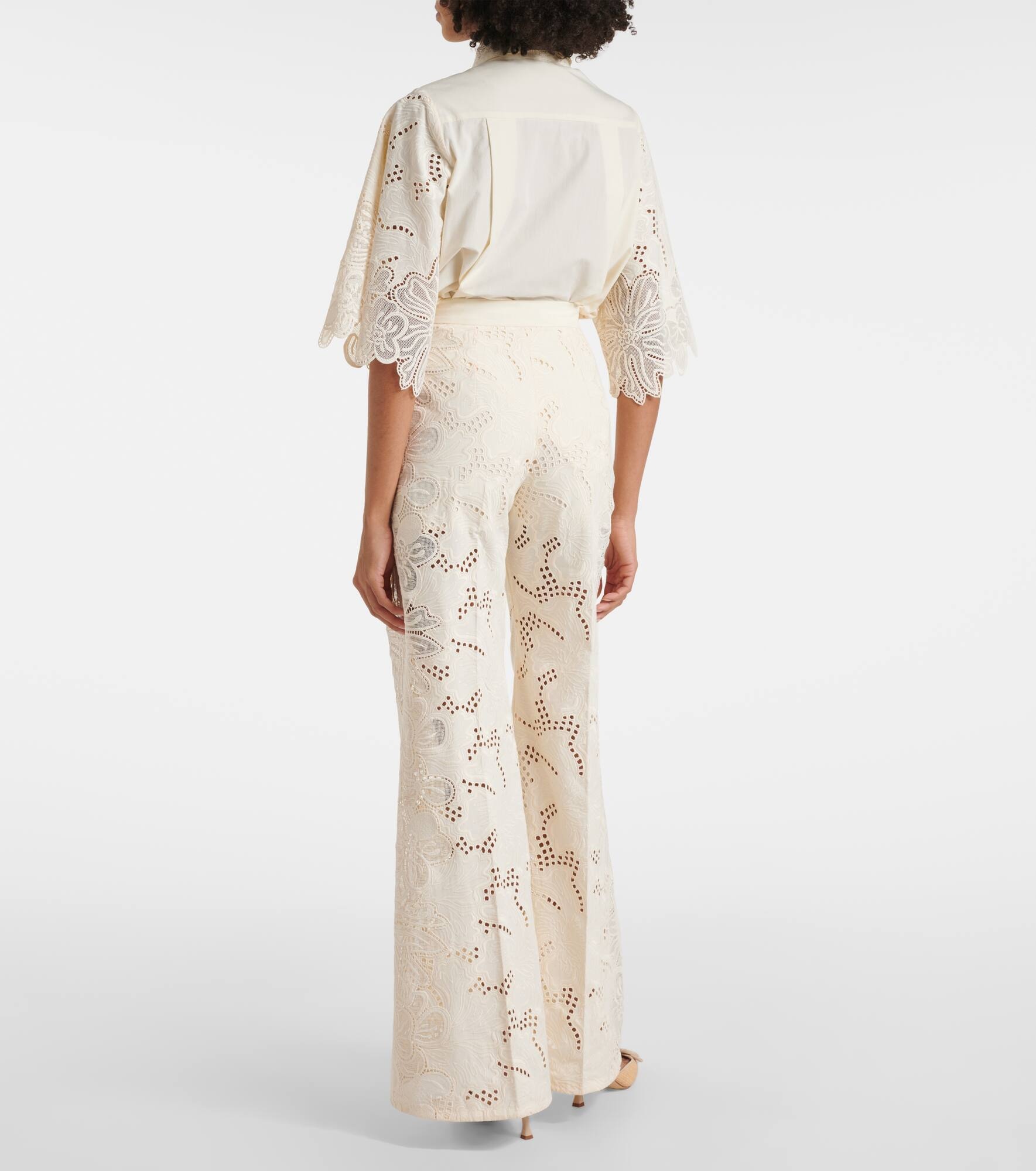 Embroidered high-rise wide-leg pants - 3