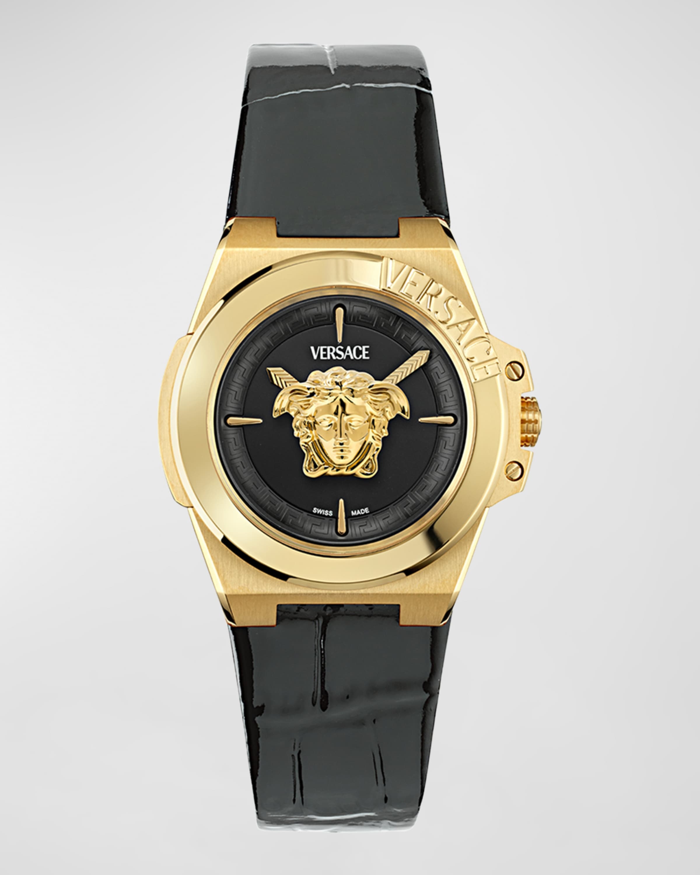 37mm Versace Hera Watch with Calf Leather Strap, Yellow Gold/Black - 1