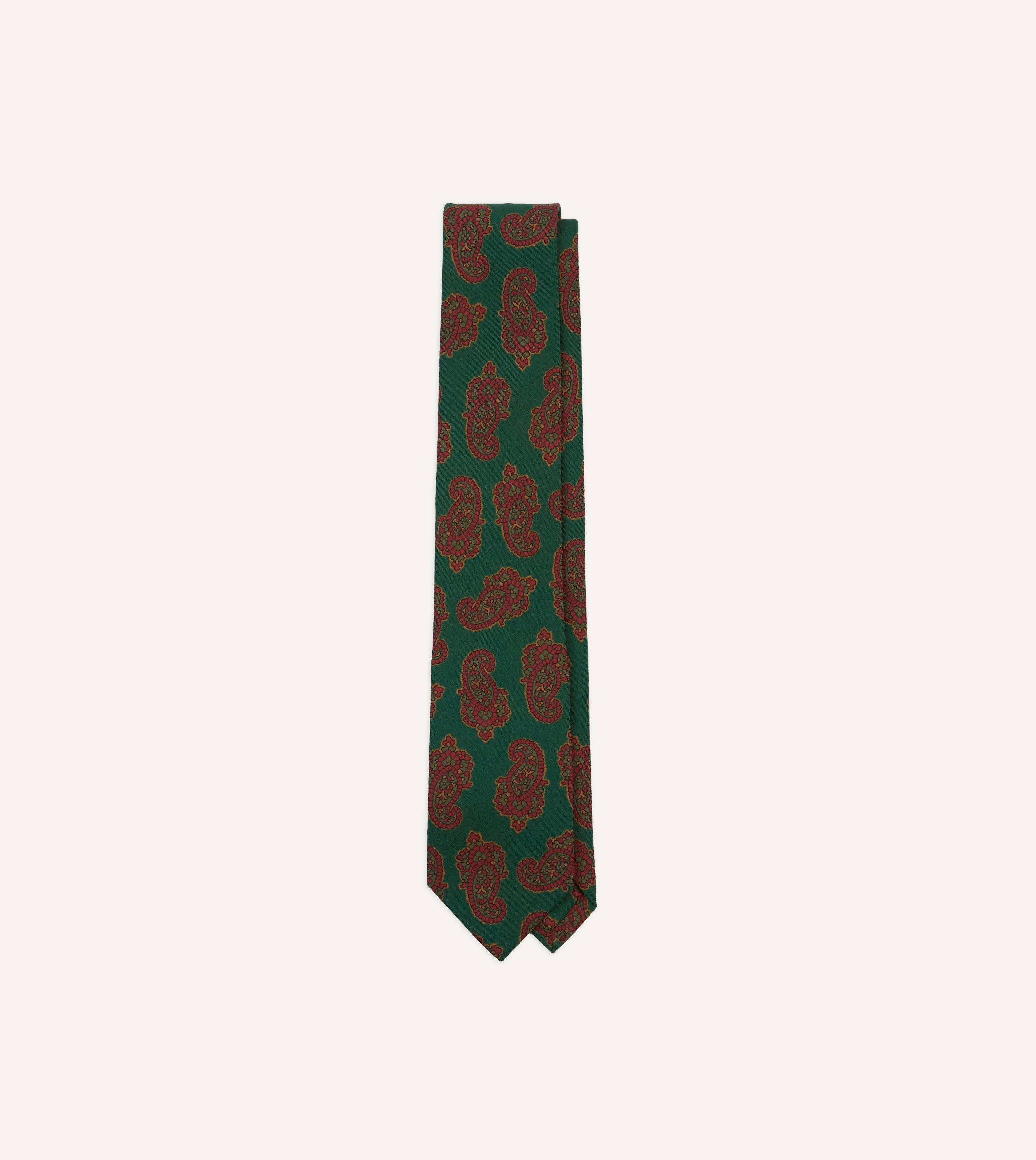 Green Paisley Motif Print Wool-Silk Self Tipped Tie - 1