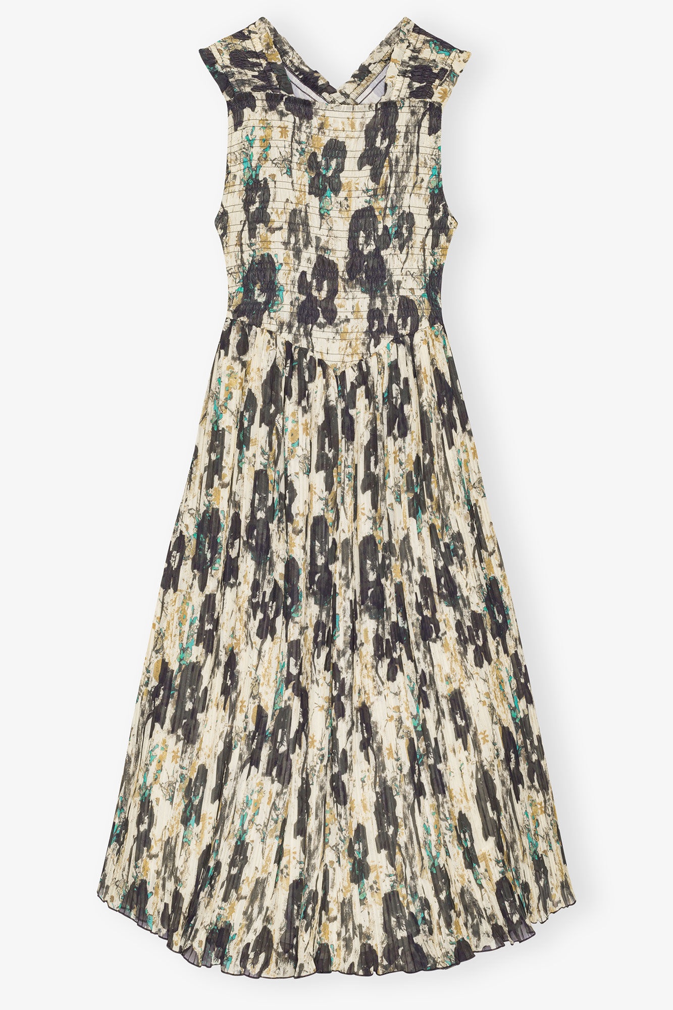 PRINTED PLEATS SMOCK MIDI STRAPS DRESS - 1