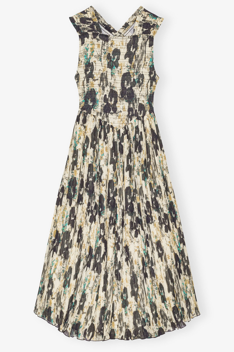 PRINTED PLEATS SMOCK MIDI STRAPS DRESS 1