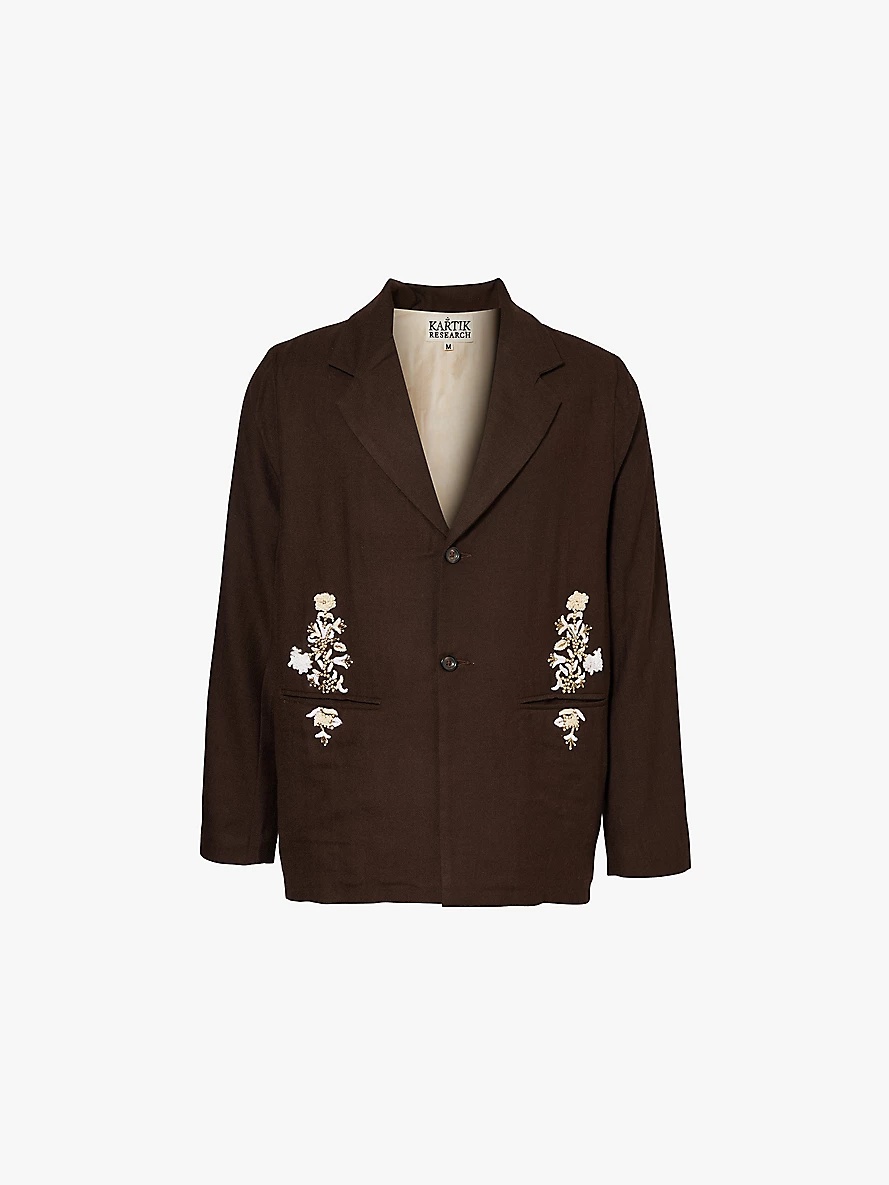 Floral-embroidered regular-fit wool blazer - 1