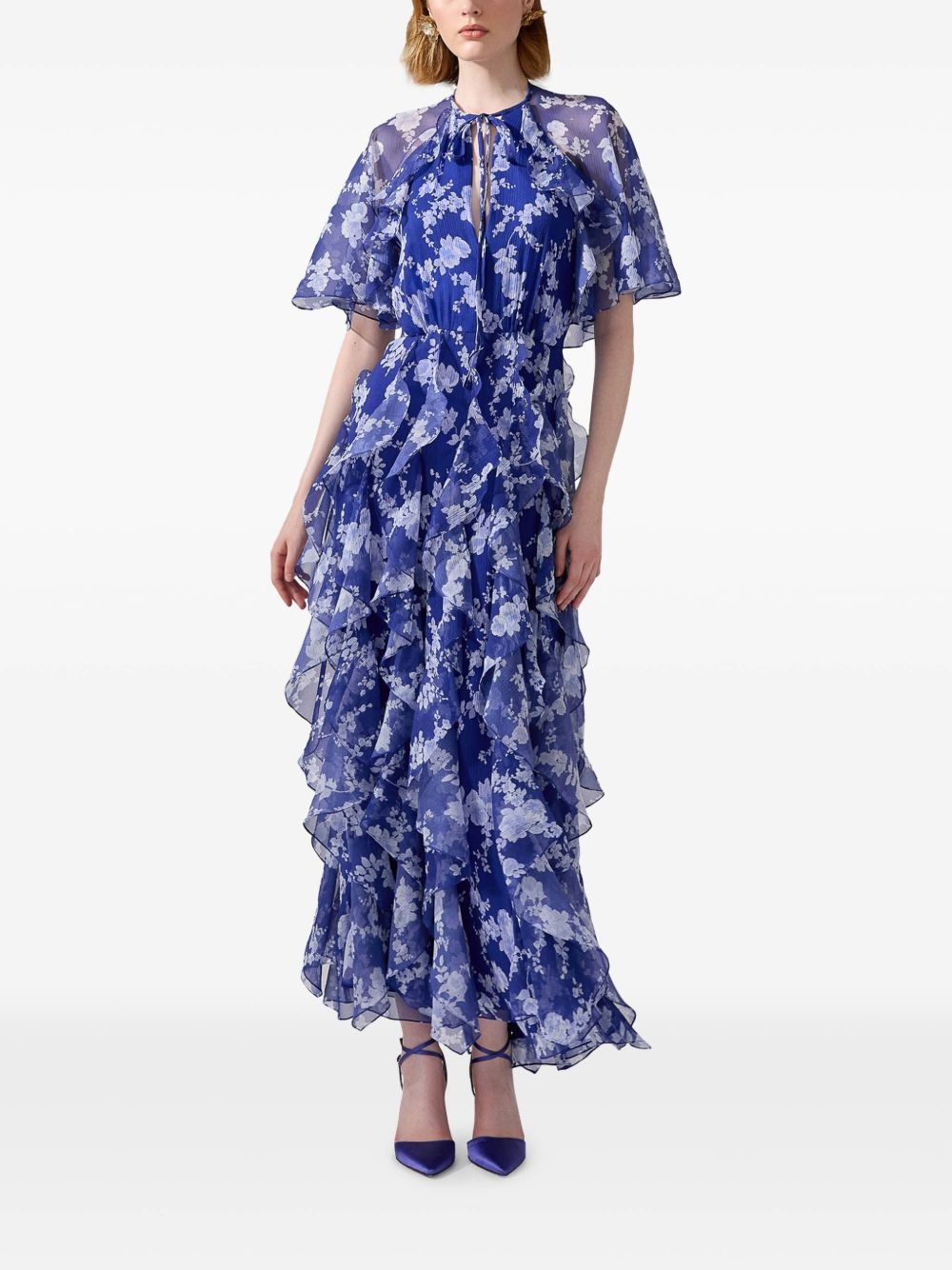 floral-print ruffled silk dress - 2