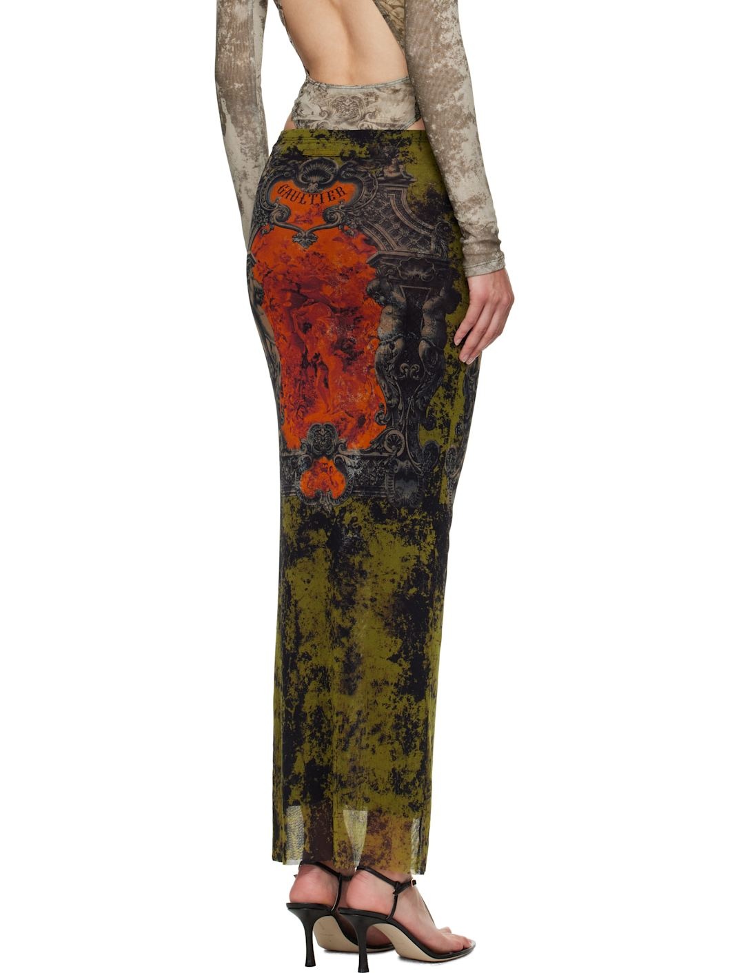 Khaki & Orange 'The Long Médaillon' Midi Skirt - 3