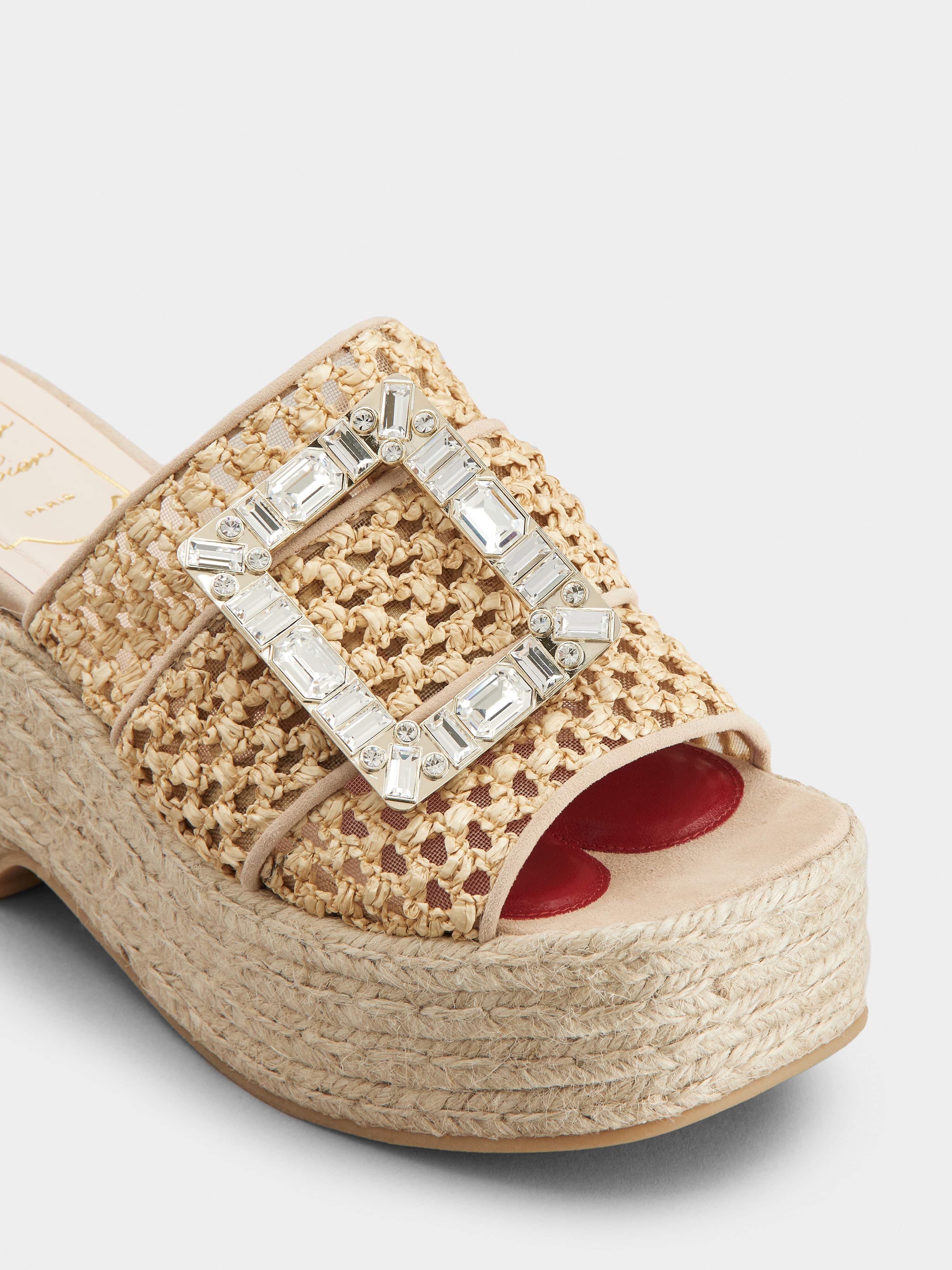 Rhinestone Buckle Espadrille Platform Mules in Raffia - 3