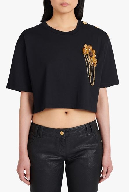 Cropped black and gold cotton T-shirt - 5