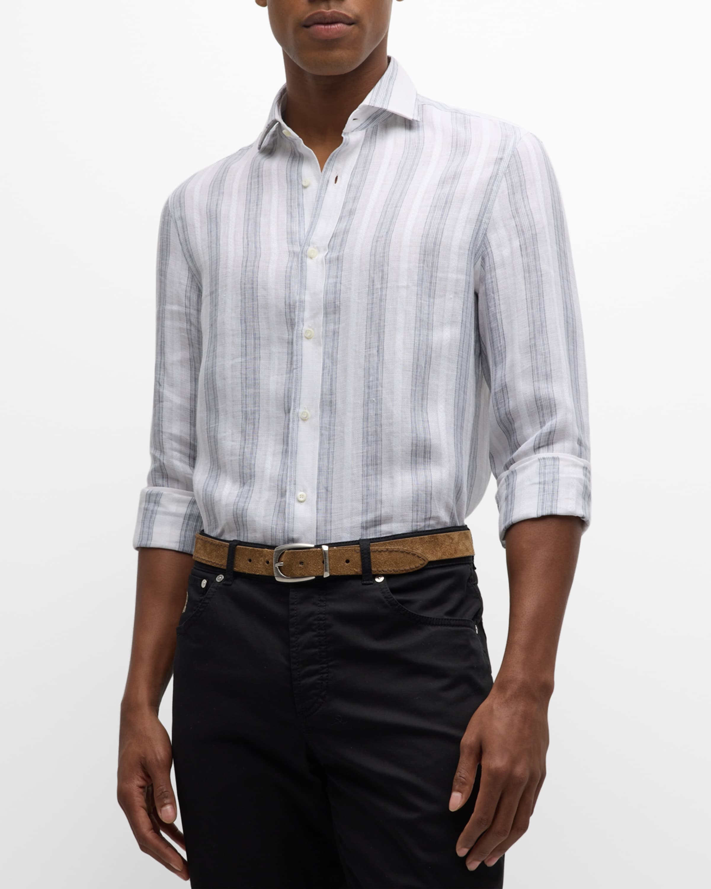 Men's Linen Multi-Stripe Casual Button-Down Shirt - 2