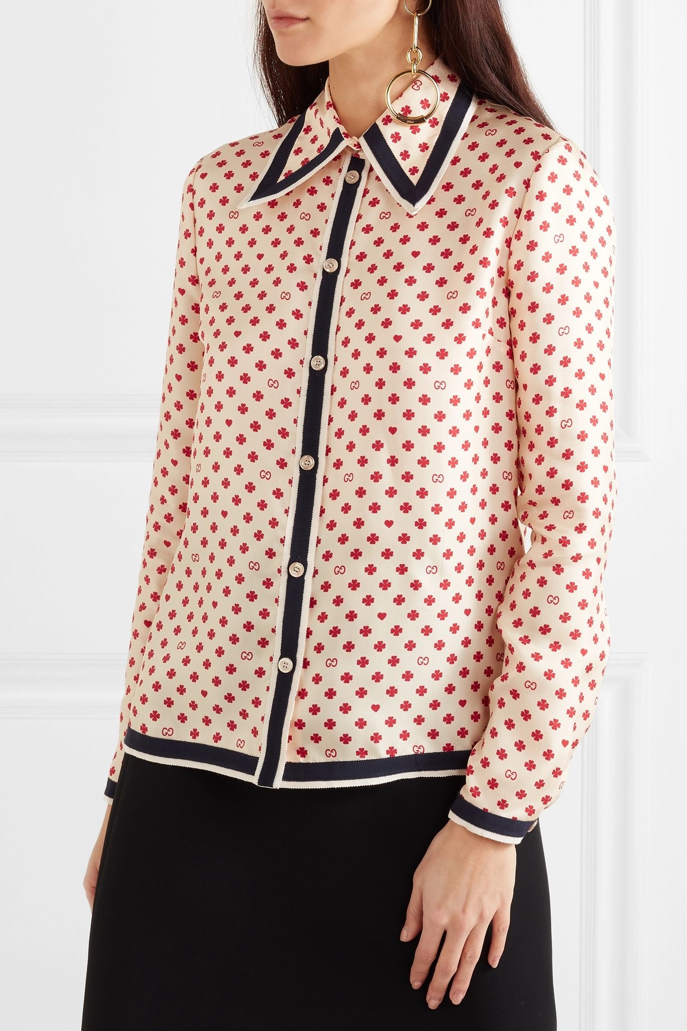 Grosgrain-trimmed printed silk-twill blouse - 3