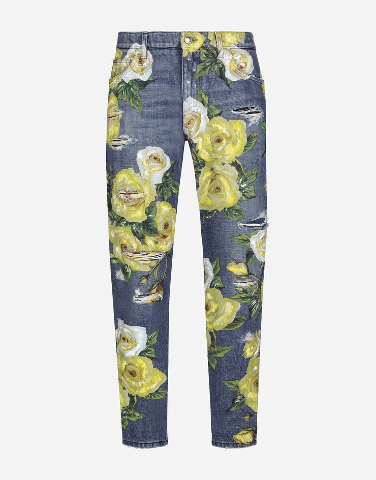 Loose blue denim jeans with all-over rose print - 1