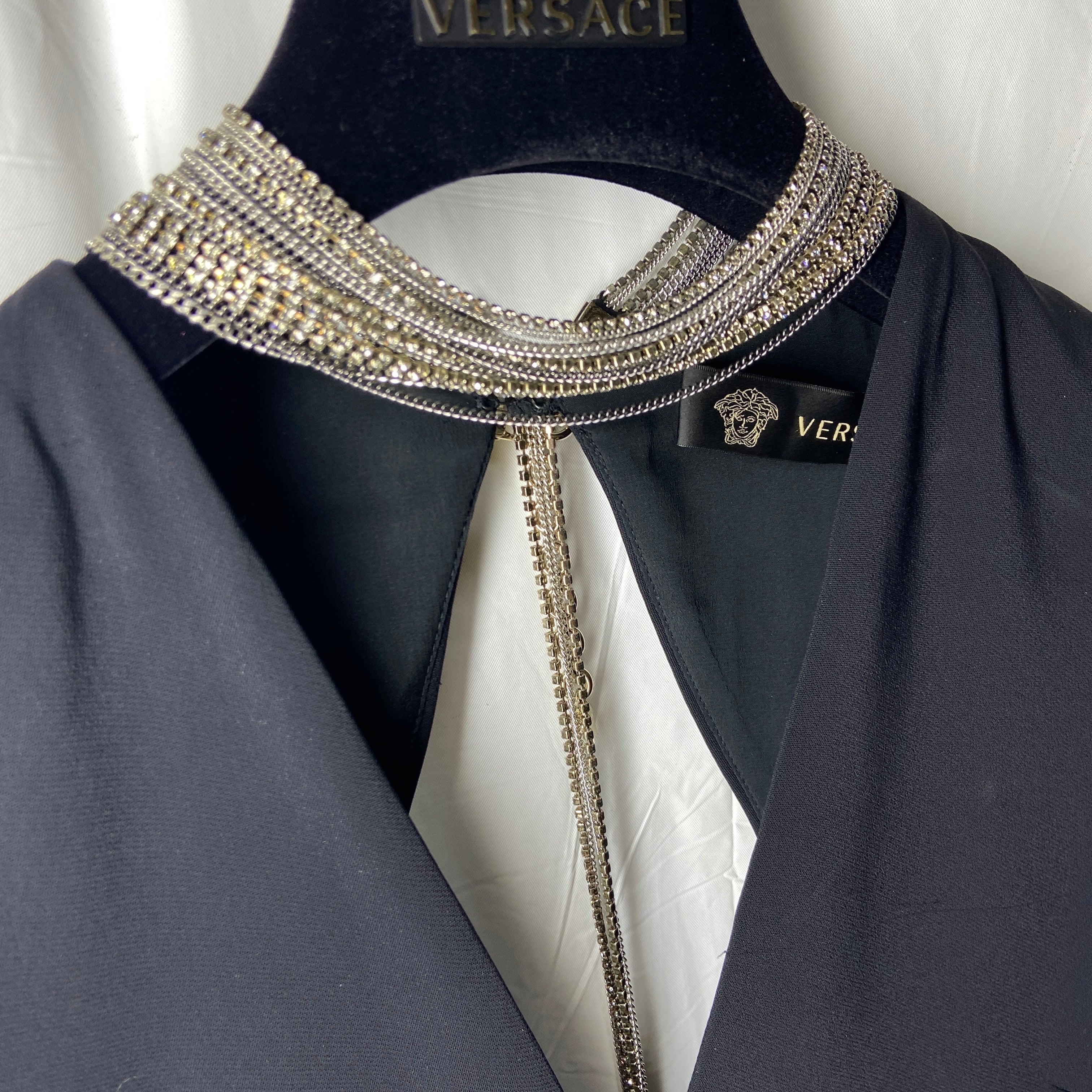 Versace plunging open back dress evening gown with gold crystal necklace and back chains 38 - 11