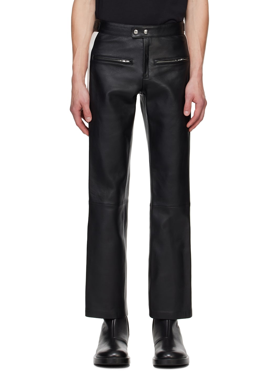Black & White Contrast Band Biker Leather Pants - 1