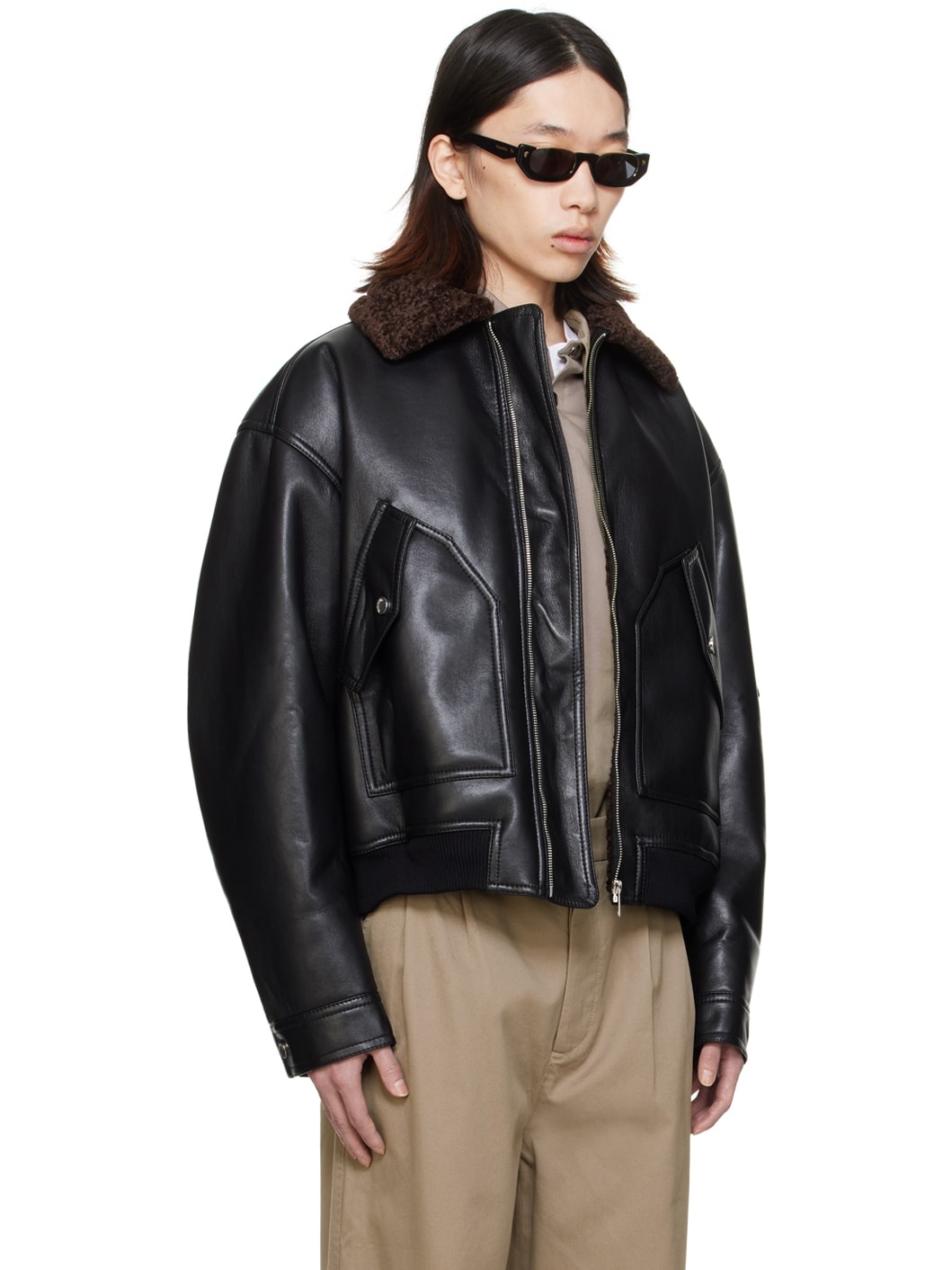 Black Lude Vegan Leather Bomber Jacket - 2