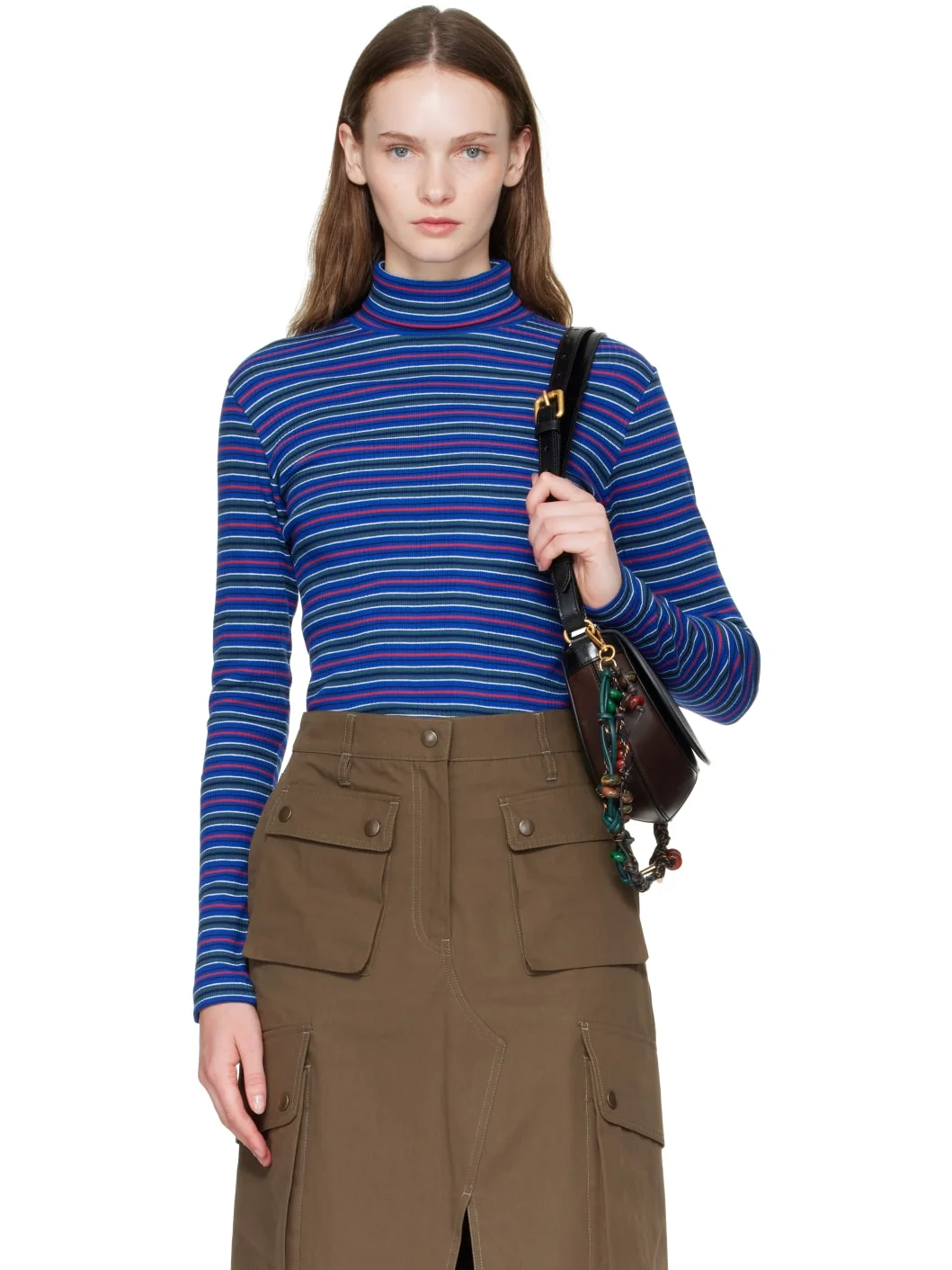 Blue Ribbed Cotton Turtleneck - 1