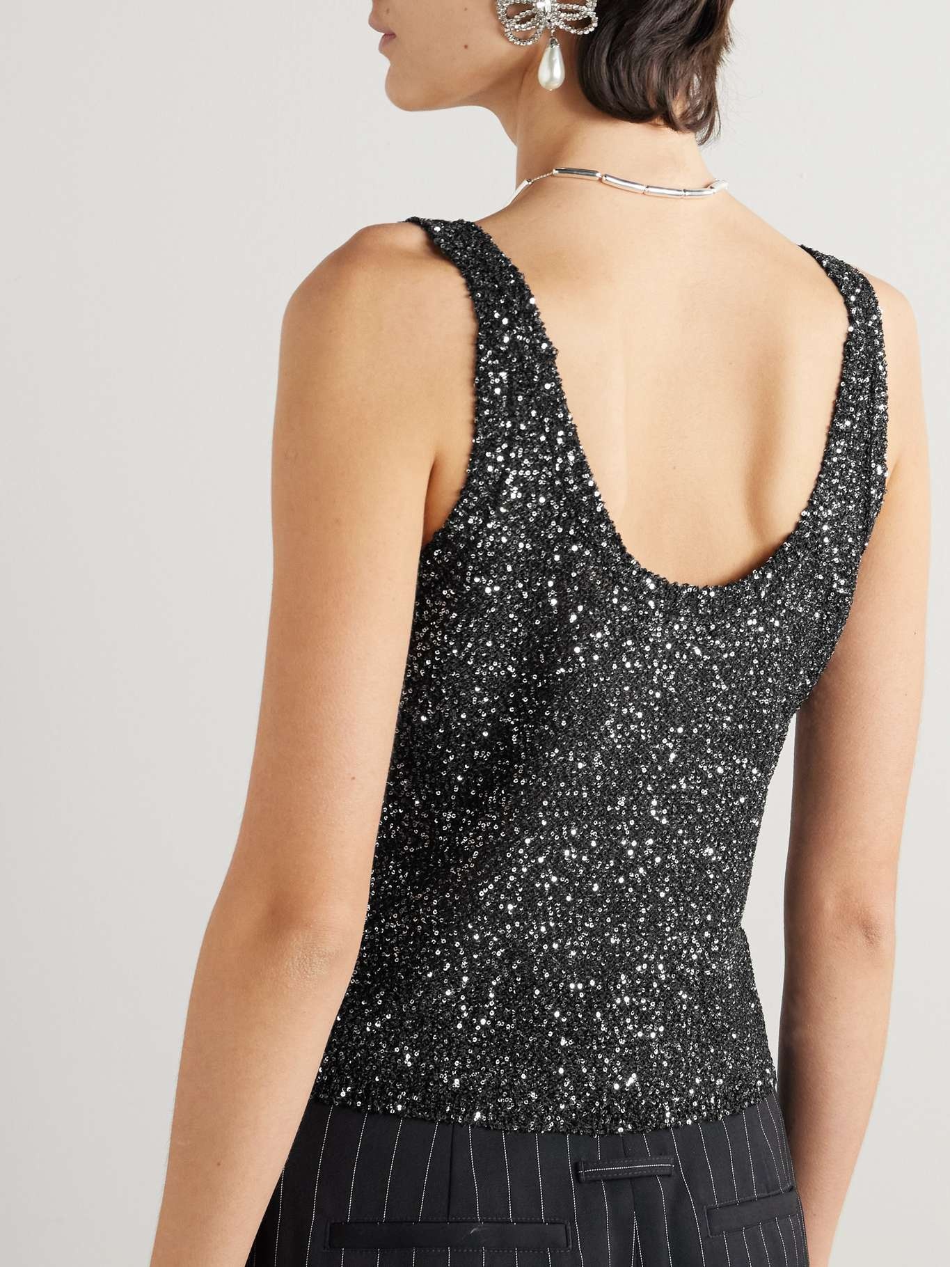 Tie-detailed sequined knitted tank Black - 3