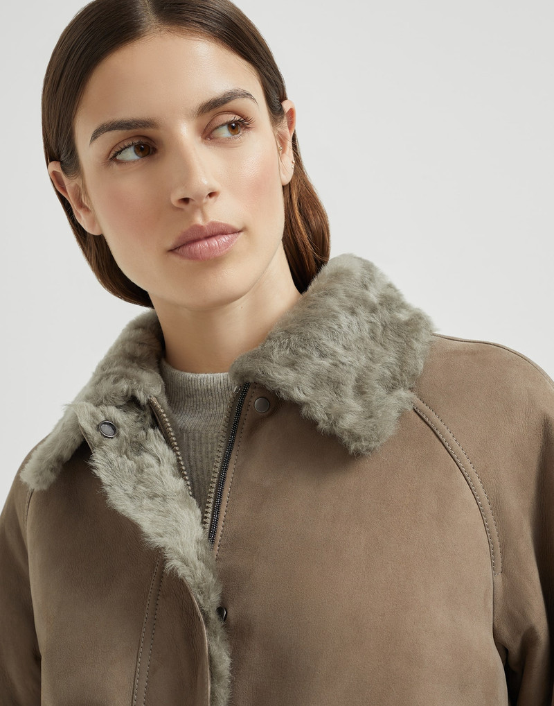 Fuzzy shearling outerwear jacket with shiny trim 3