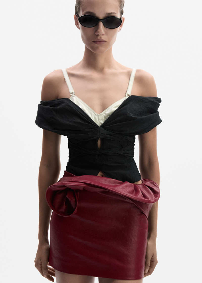 Draped off shoulder blouse in black 4