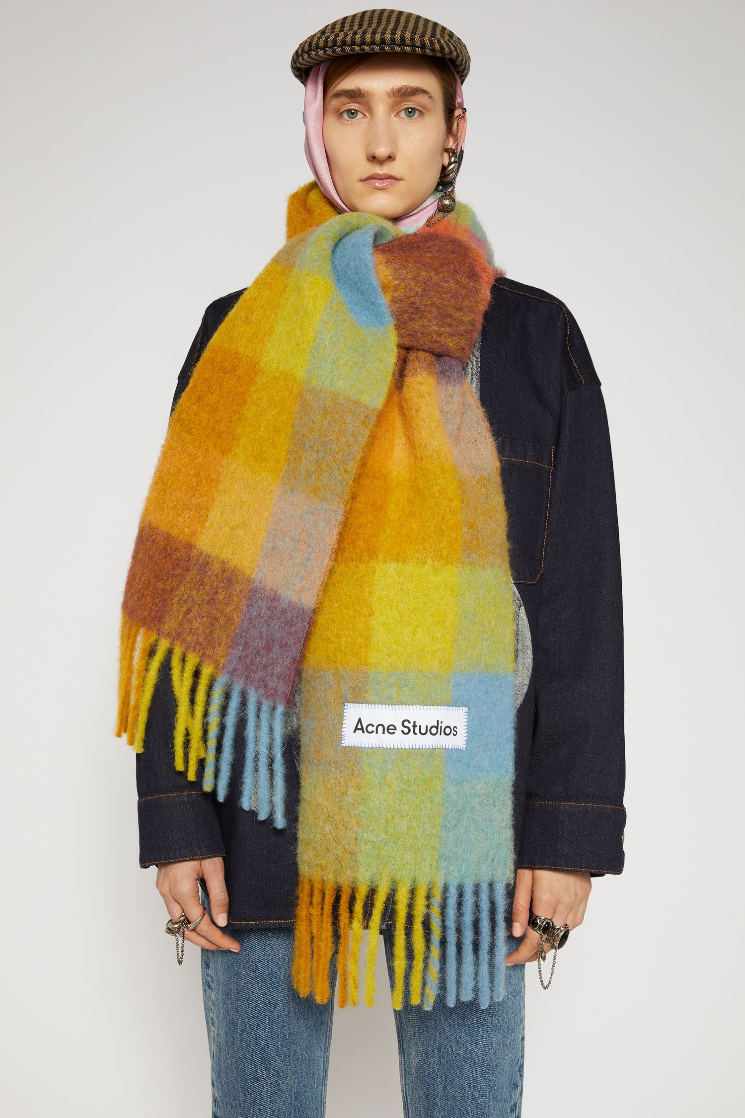 Large check scarf - Yellow/powder blue/brown - 4