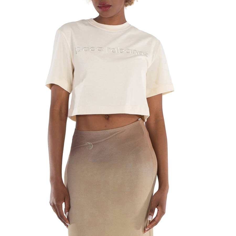 Rabanne Ladies Nude Logo-Embroidered Cropped T-Shirt - 3