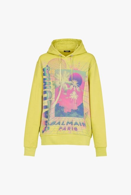 Oversized lime-green cotton sweatshirt with multicolor Balmain logo print - 1