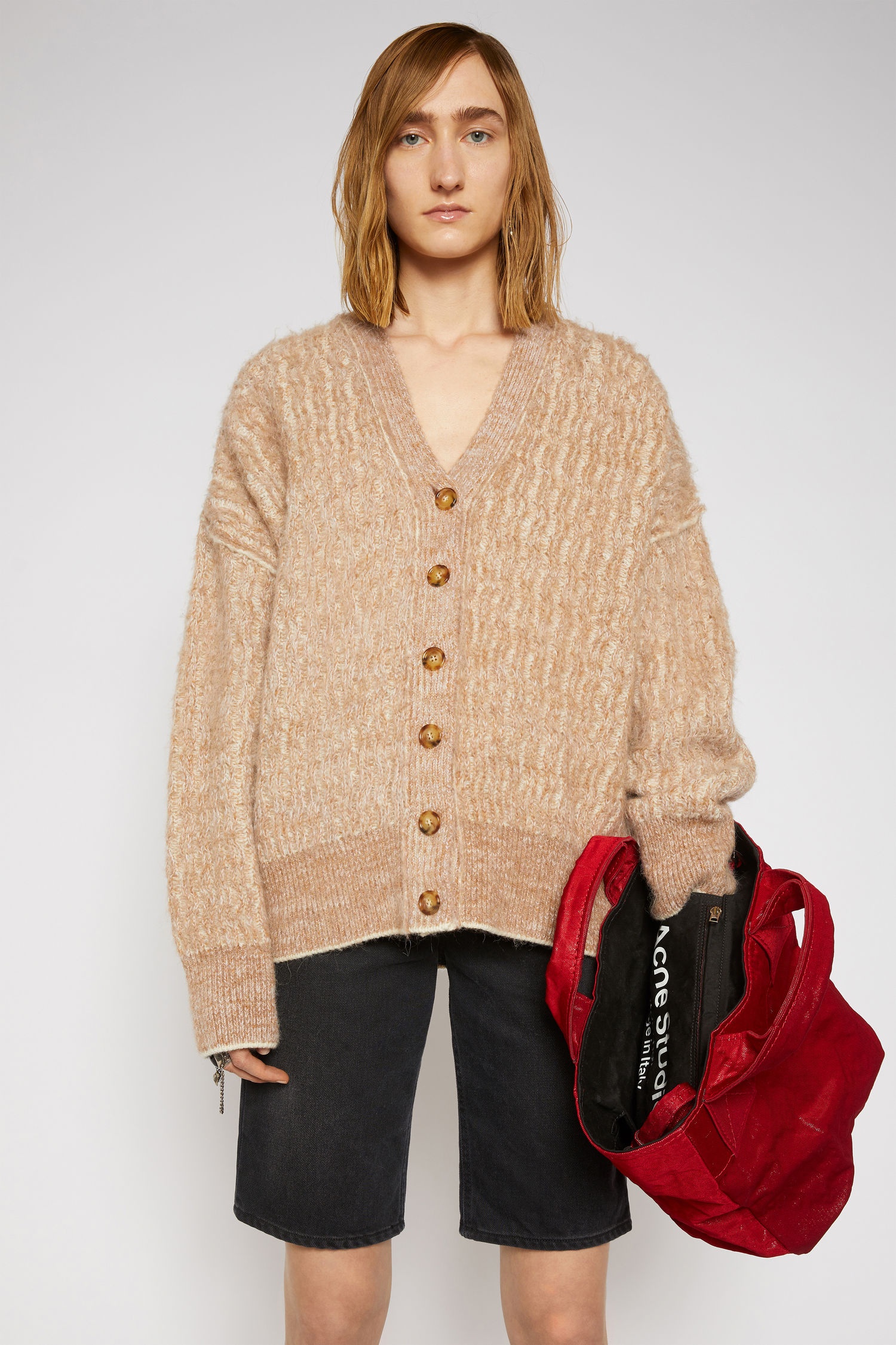 Brushed melange cardigan camel/white - 2