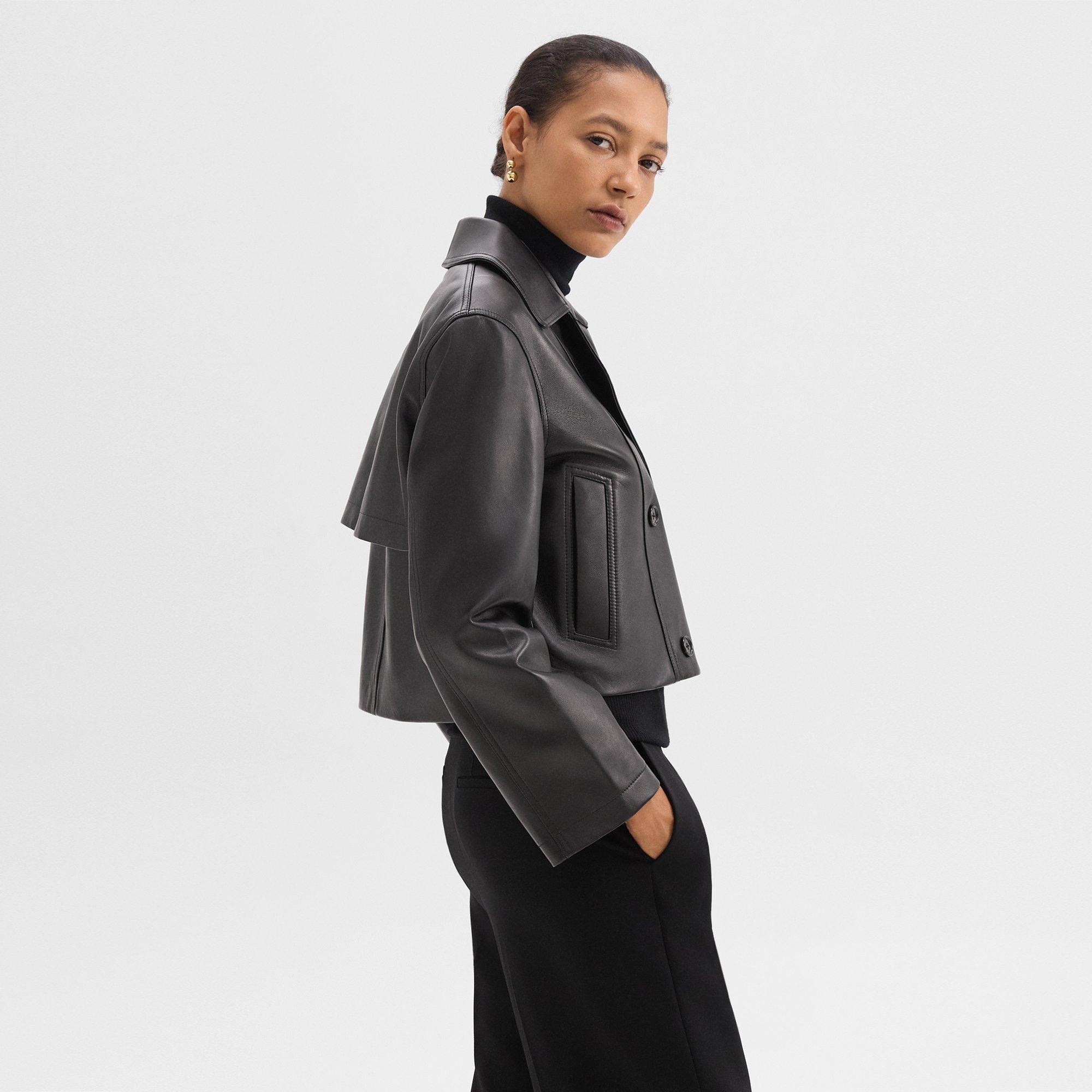 Double-Breasted Crop Trench in Leather - 3