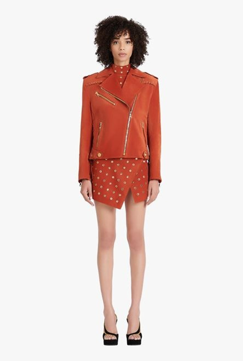 Balmain x Netflix -Terracotta and golden suede biker jacket 4