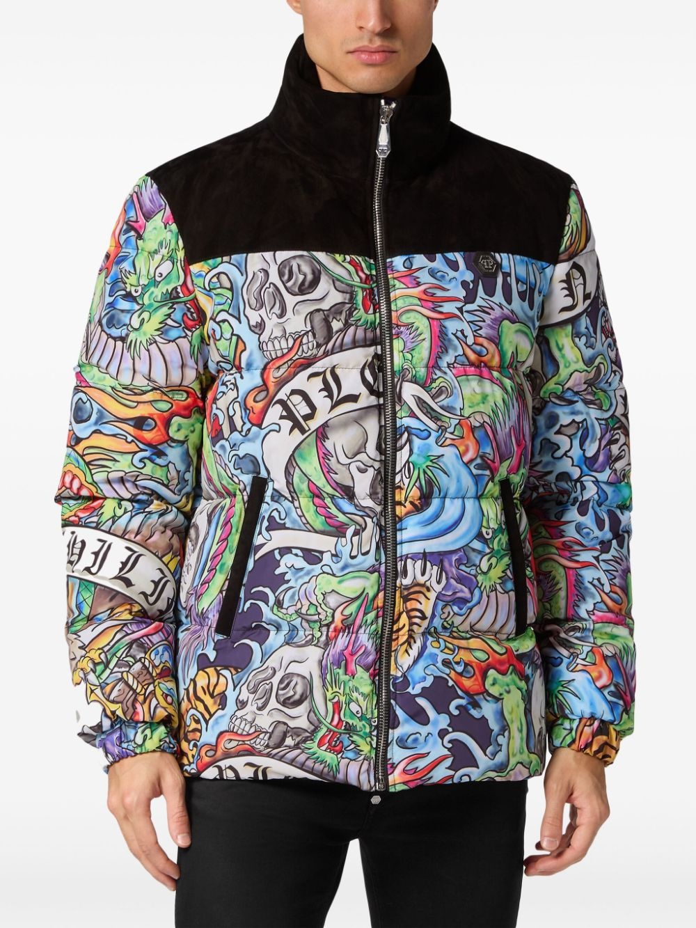 tattoo-print puffer jacket - 3