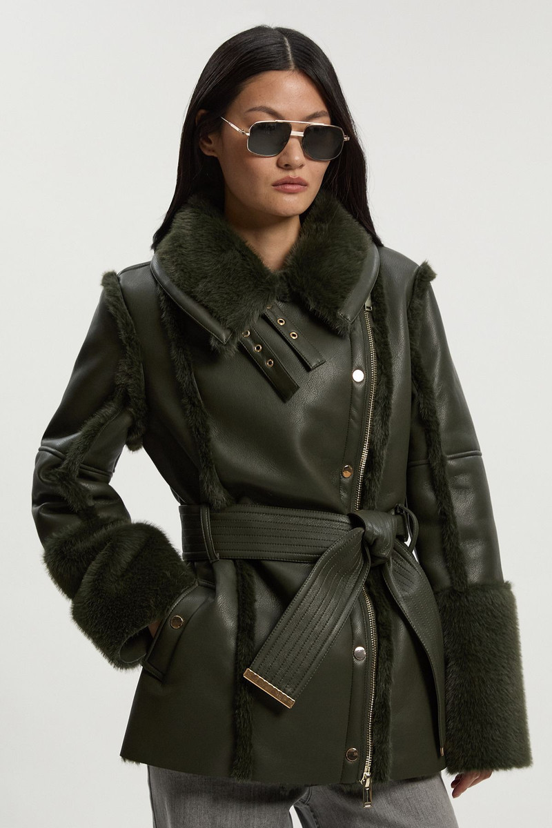 Faux Fur High Neck Belted Biker Coat 1