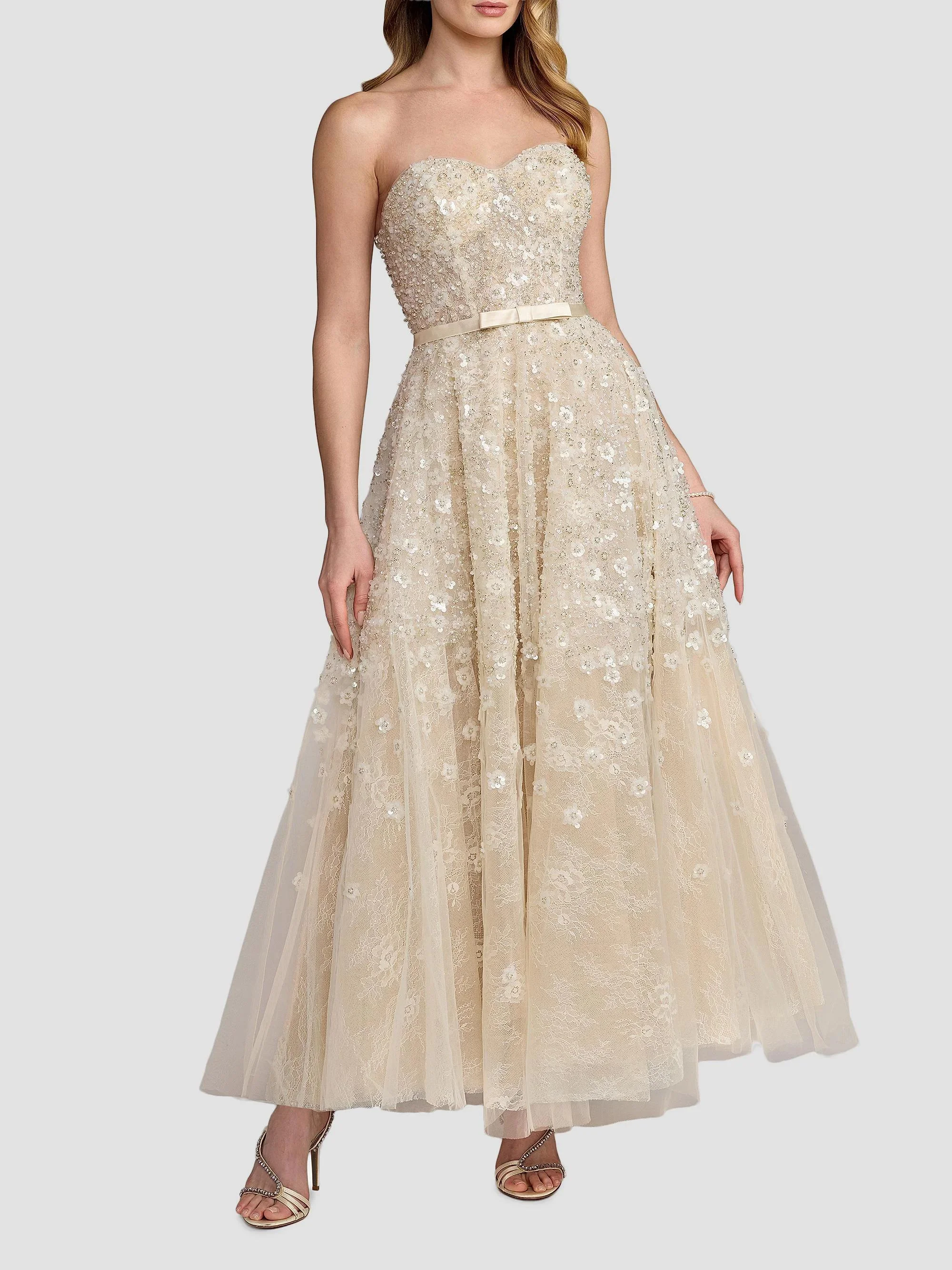 Women's Sequin Floral Strapless Gown - Oyster - 1