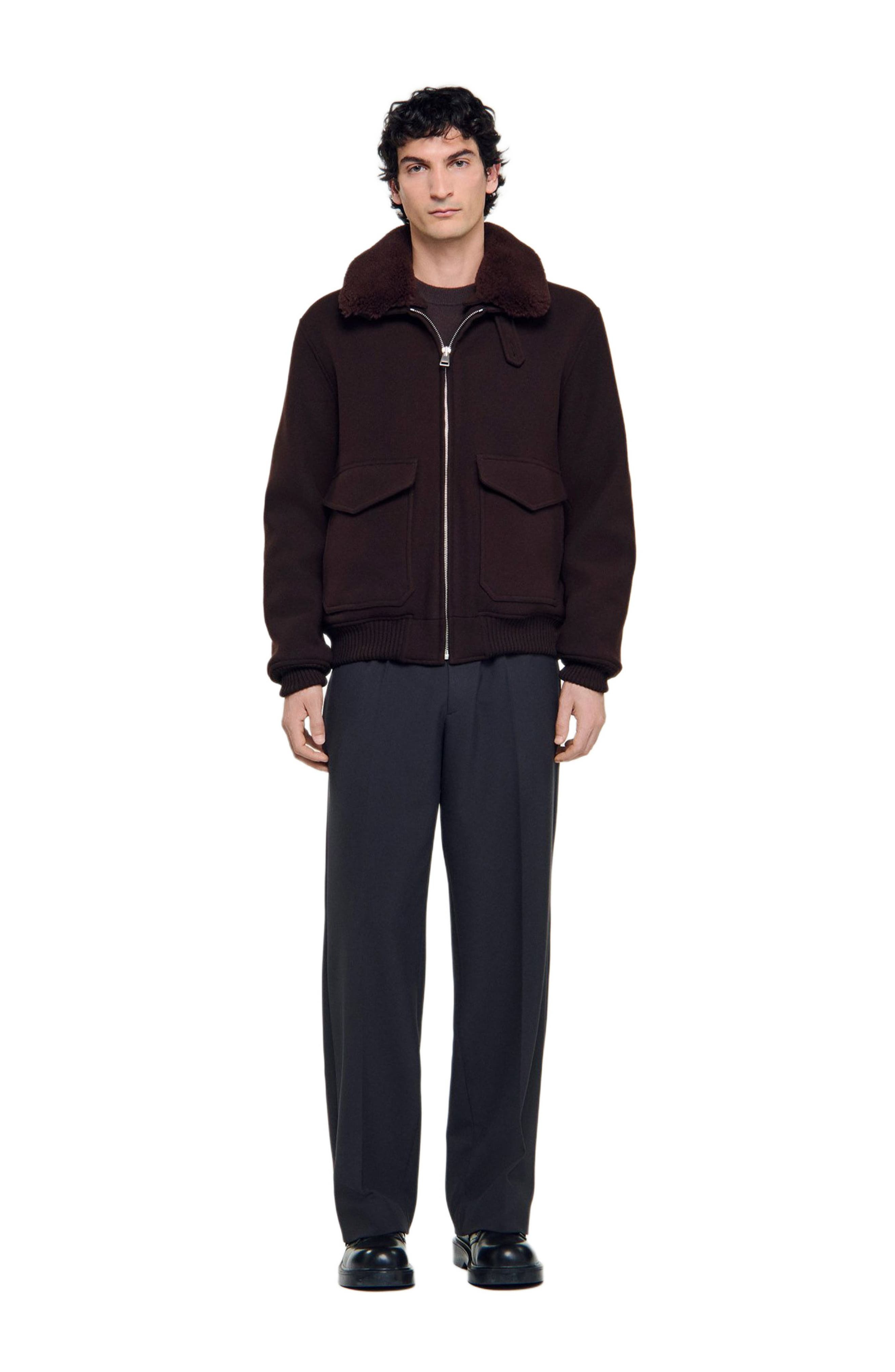 SANDRO Wool aviator jacket with shearling in Chocolate at Nordstrom - 3