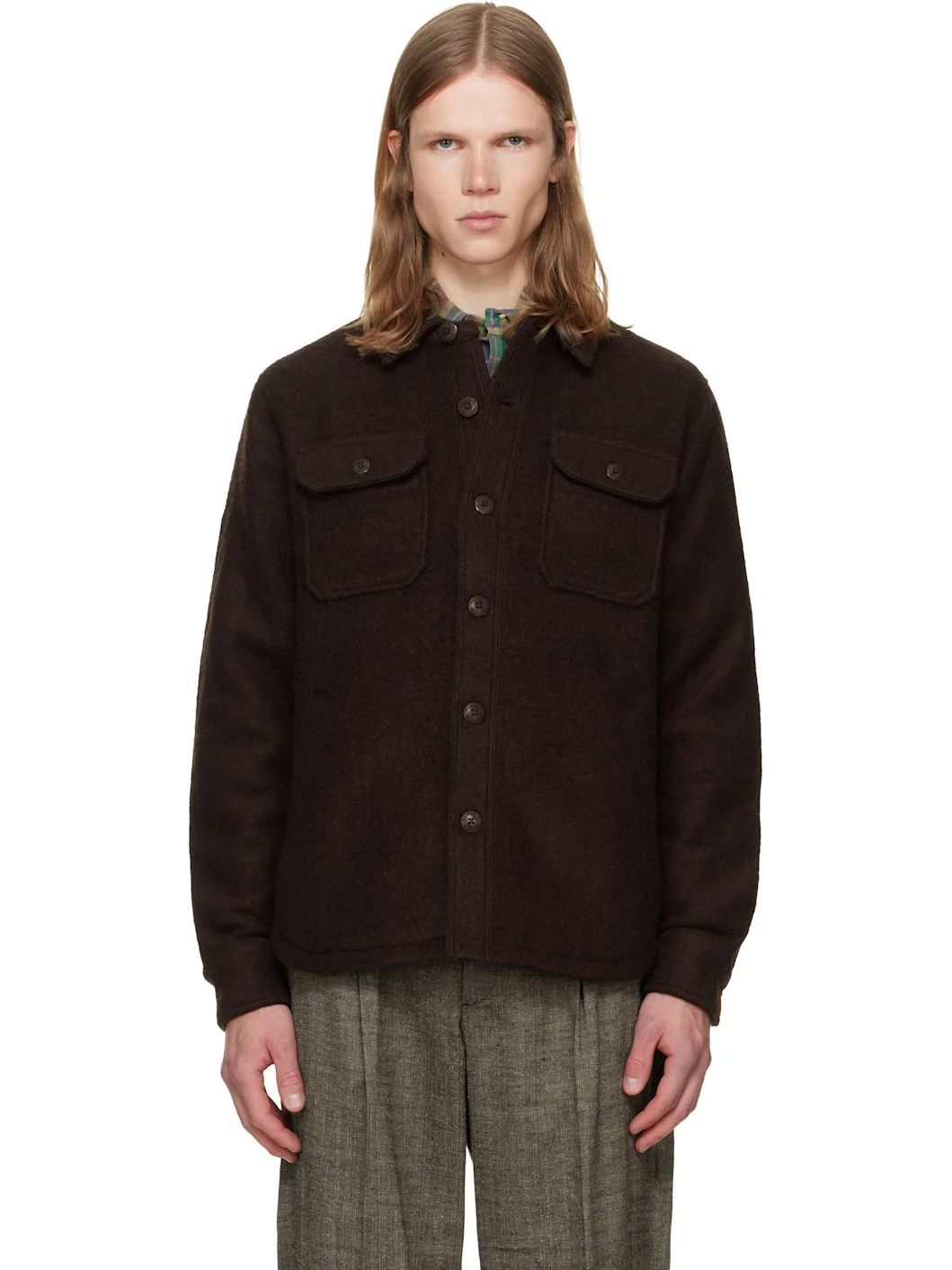 Brown Felted Wool Long Sleeve Overshirt - 1
