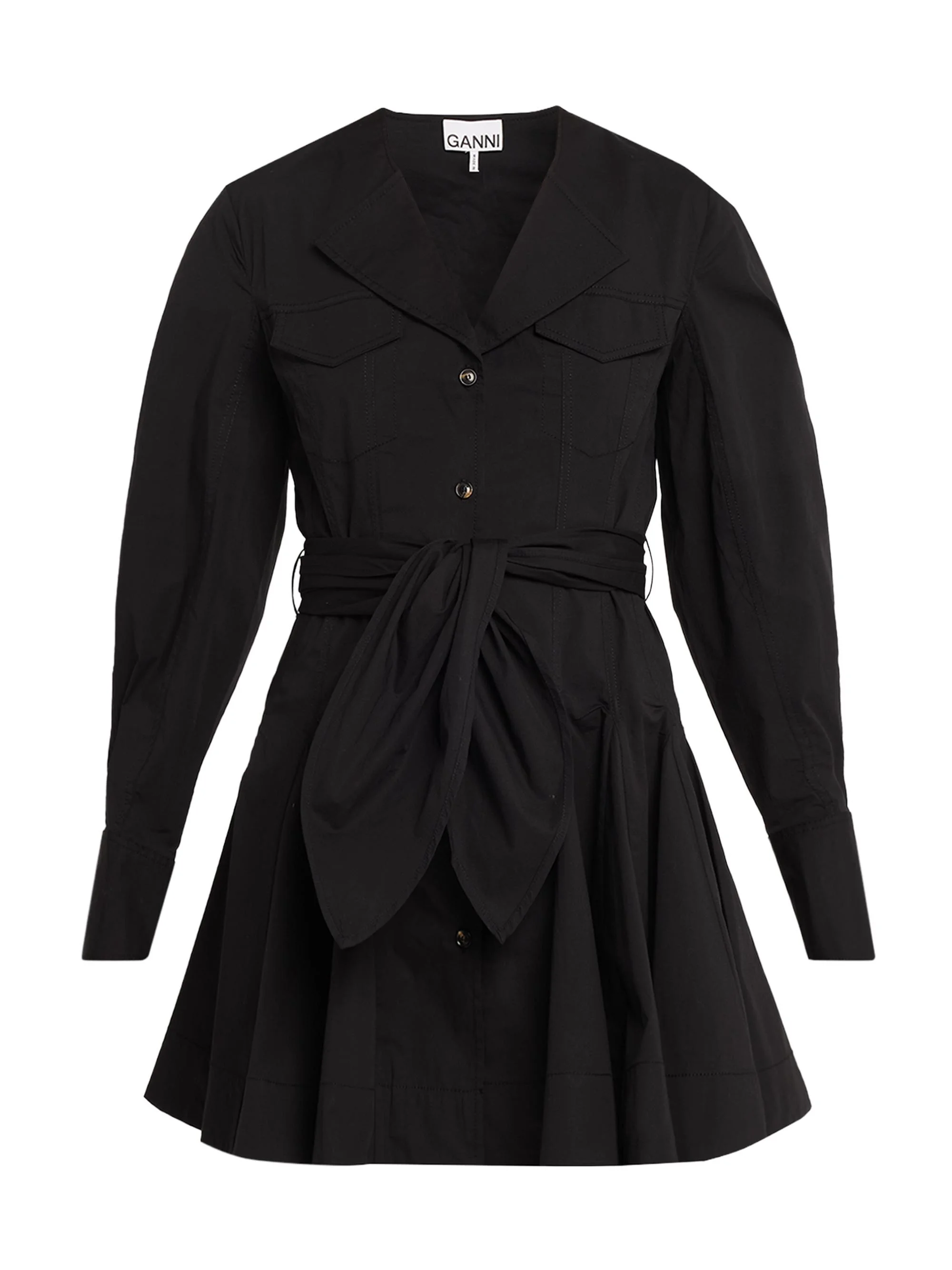 Women's Seamed Stretch-Cotton Mini-Shirtdress - Black - 1