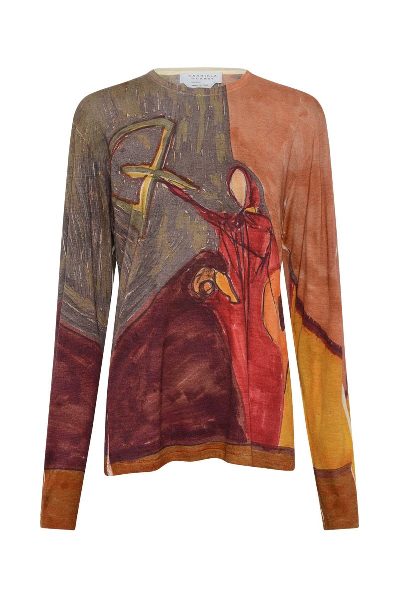 Isaro Long Sleeve T-shirt in Fire Multi Printed Cashmere Jersey 1