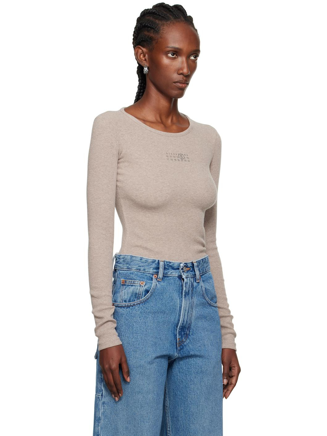 Taupe Wool-Blend Rib Jersey Long-Sleeved T-shirt - 2
