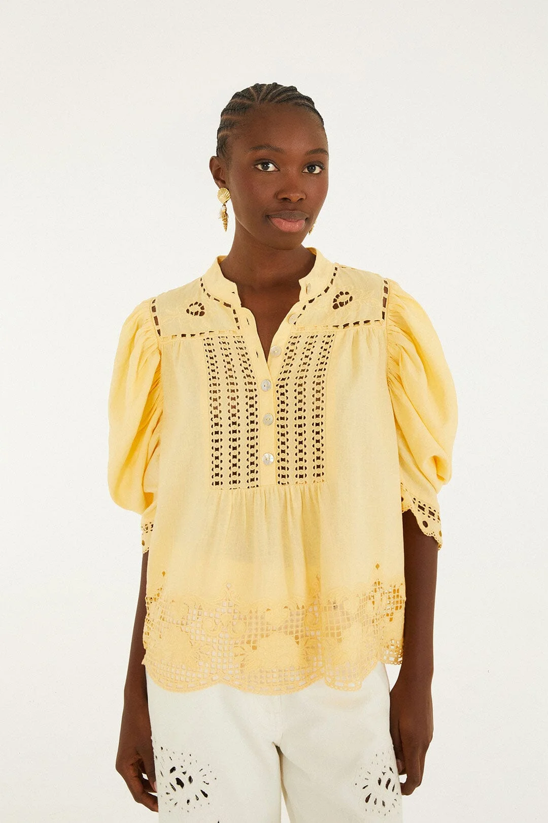 Yellow Romantic Richelieu Short Sleeve Blouse - 1