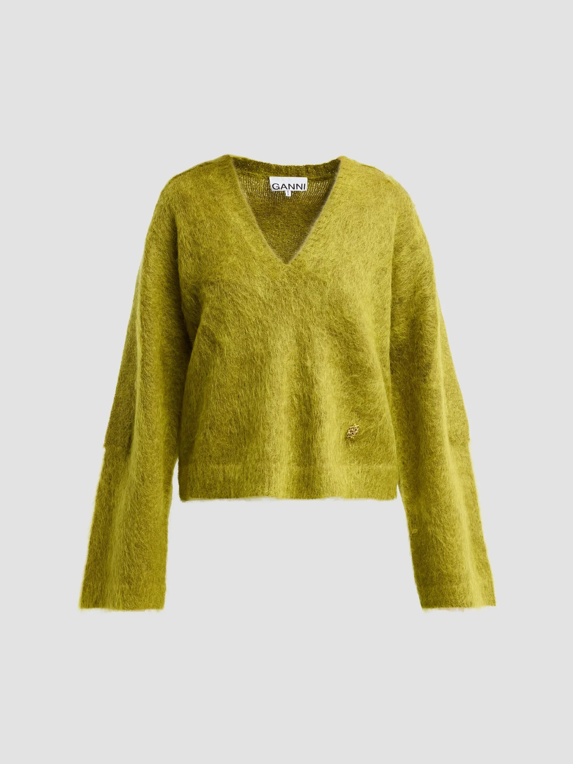 Women's Brushed Mohair V-Neck Sweater - Military Olive - 1