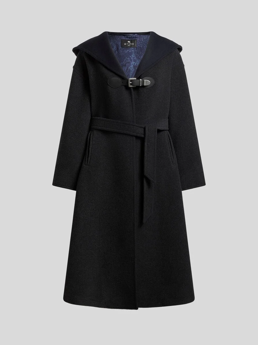 WOOL-BLEND COAT WITH HOOD AND BELT - 1