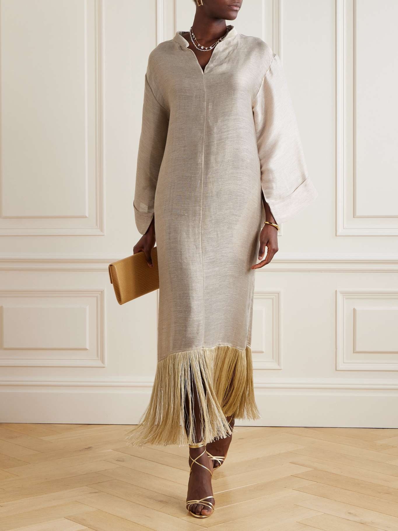 Tigris fringed linen-blend dupioni gown - 2