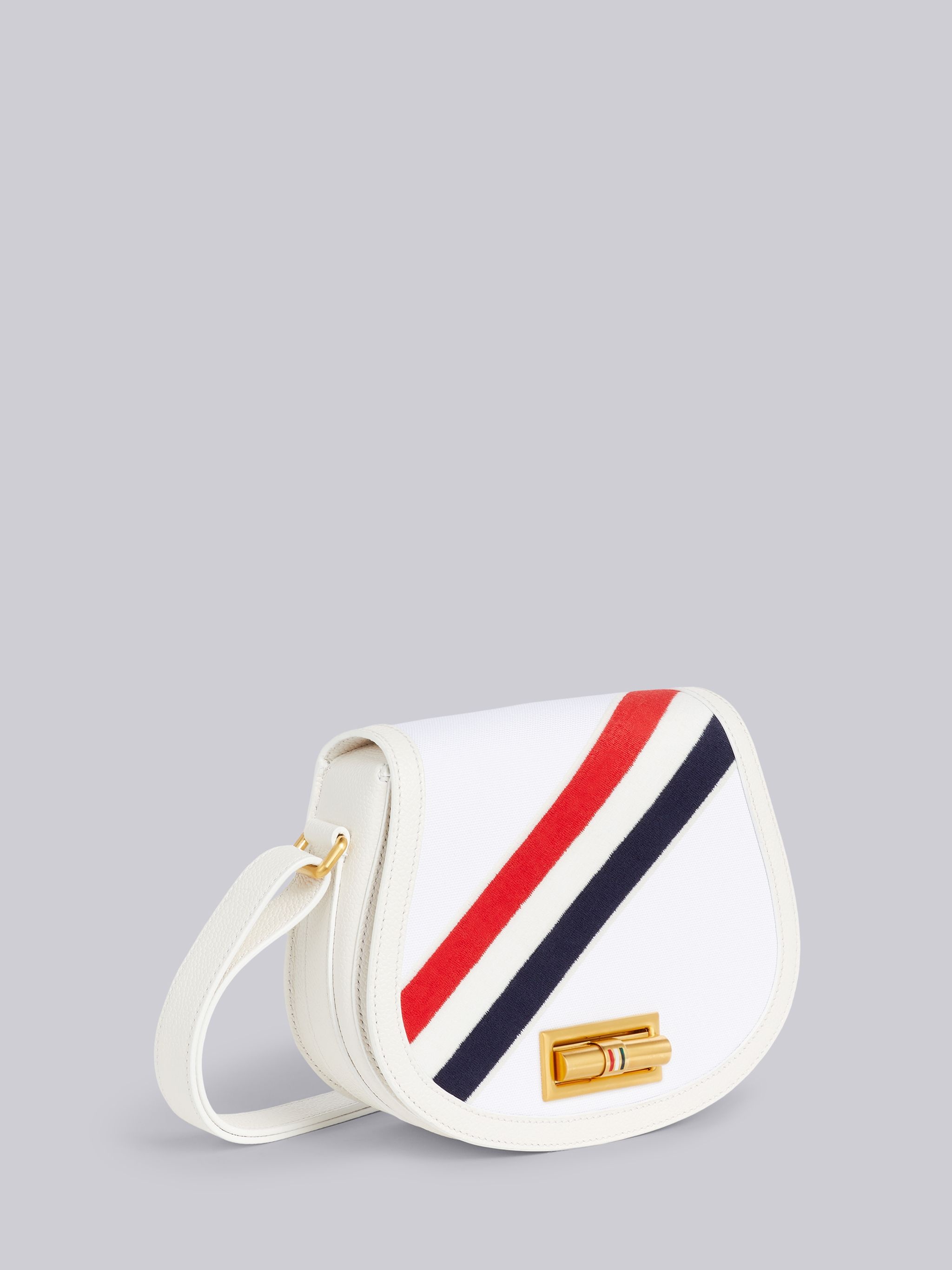 White Cotton Canvas Calfskin Leather Embroidered Diagonal Stripe Small Shoulder Saddle Bag - 3