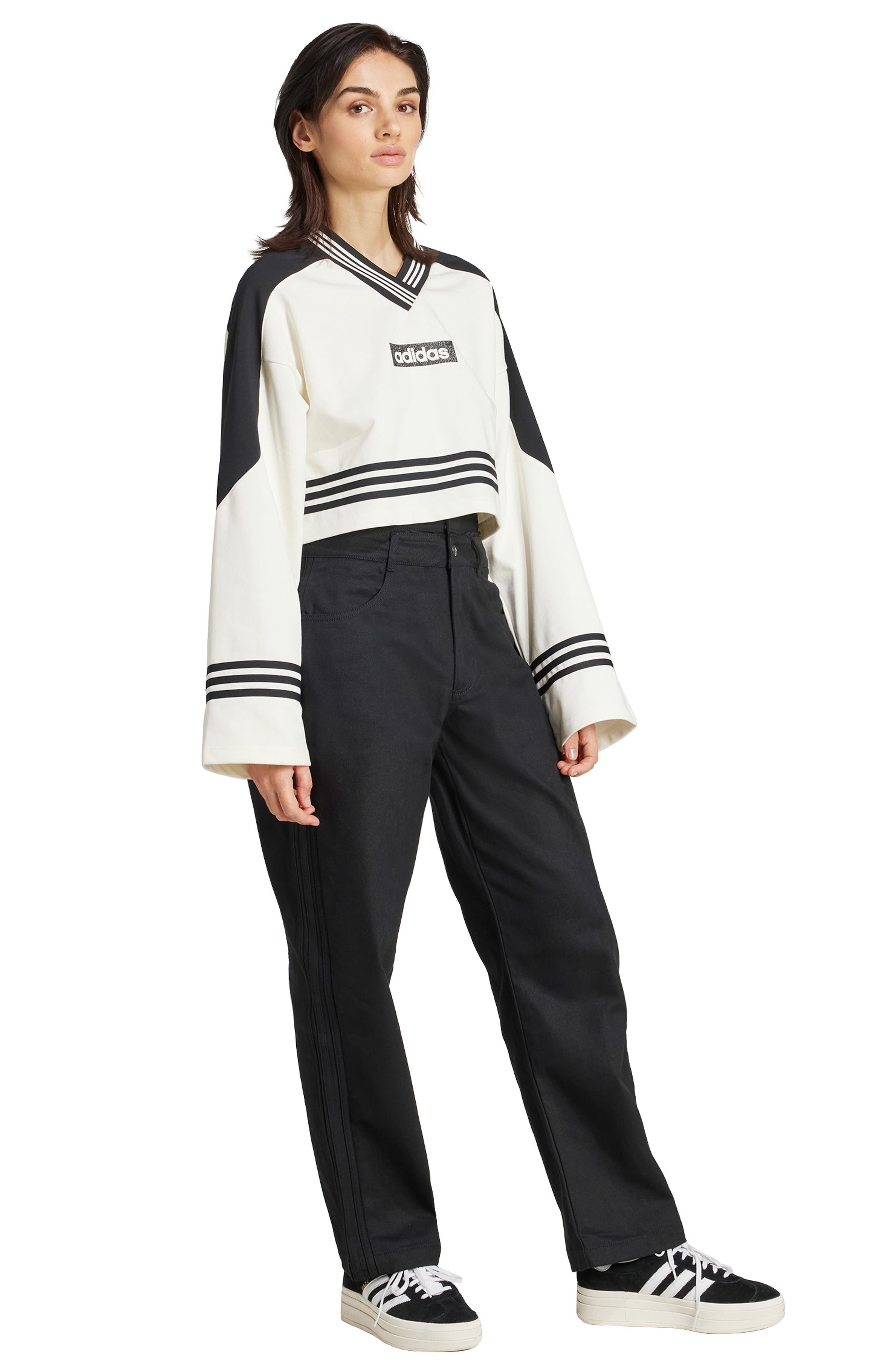 adidas Logo Cotton Blend Crop Sweatshirt in Off White/Black at Nordstrom - 6