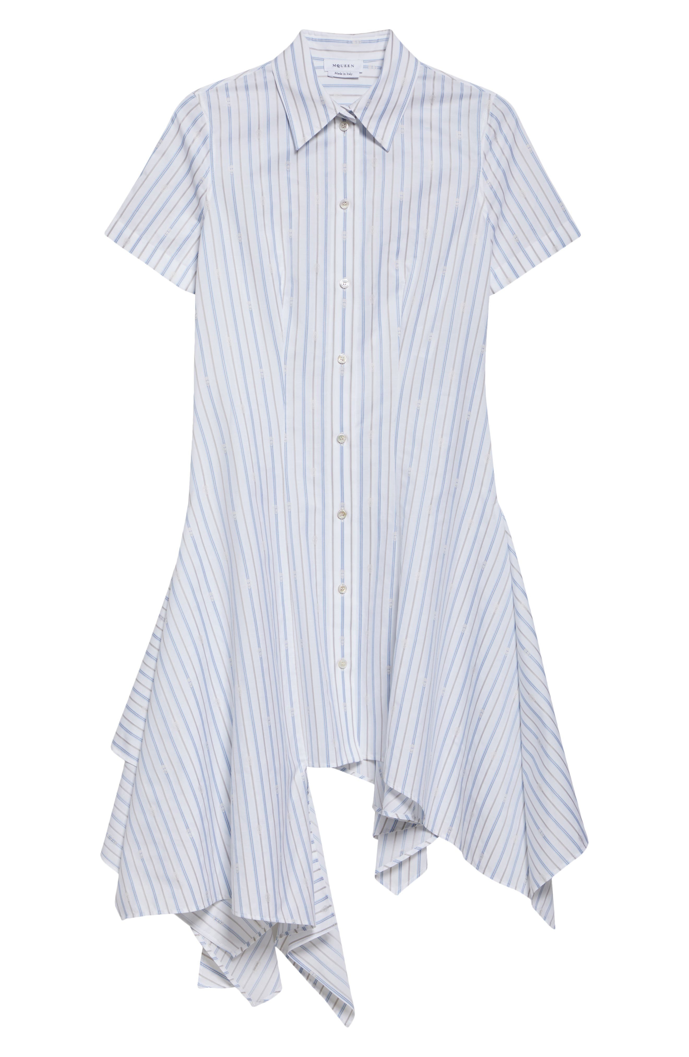 McQueen Day Stripe Skull Asymmetric Handkerchief Hem Cotton Shirtdress in White-Blue-Grey at Nordstr - 5