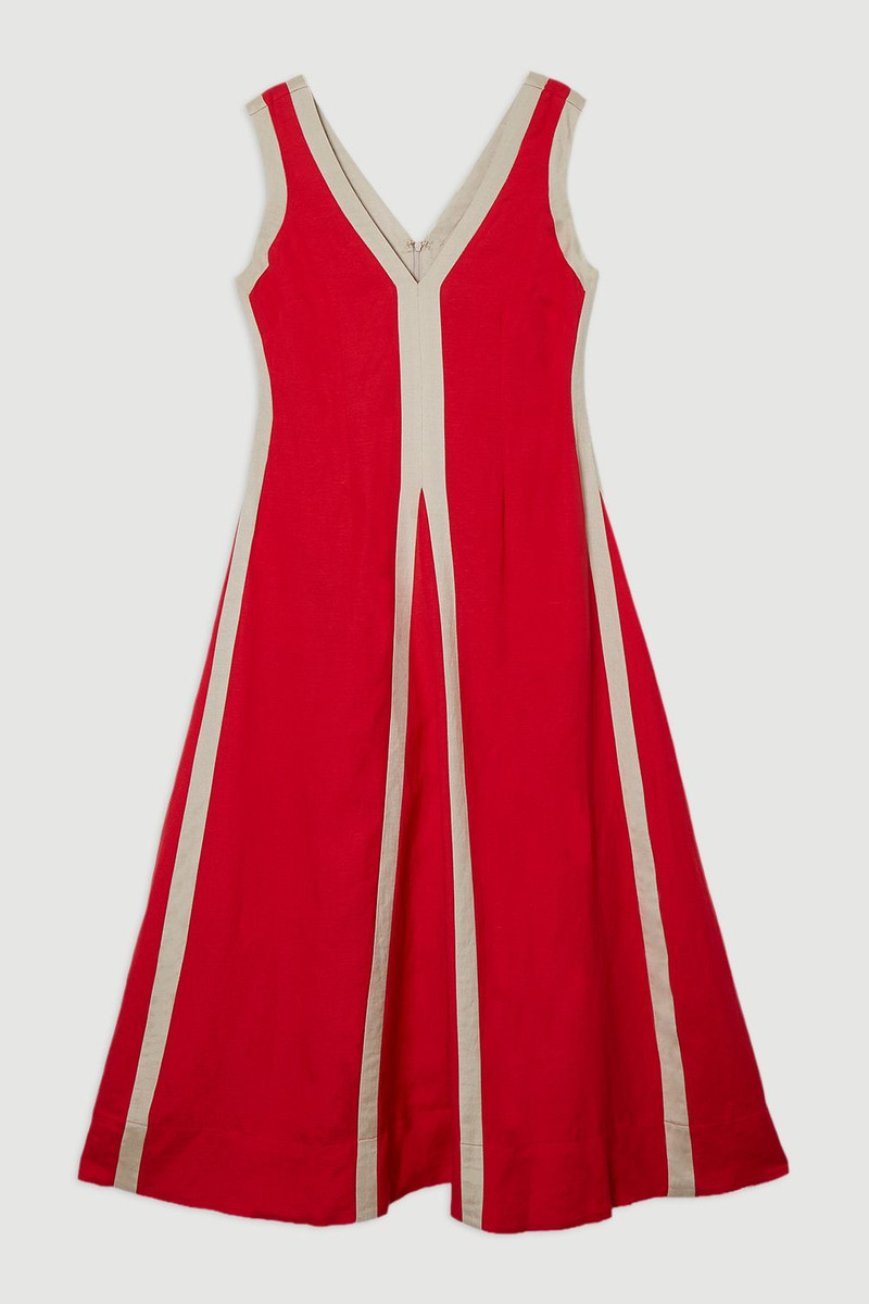 Contrast Linen Plunge Neck Woven Maxi Dress 4