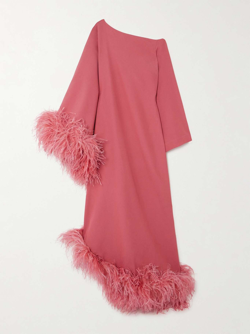 Ubud one-shoulder feather-trimmed crepe gown 1