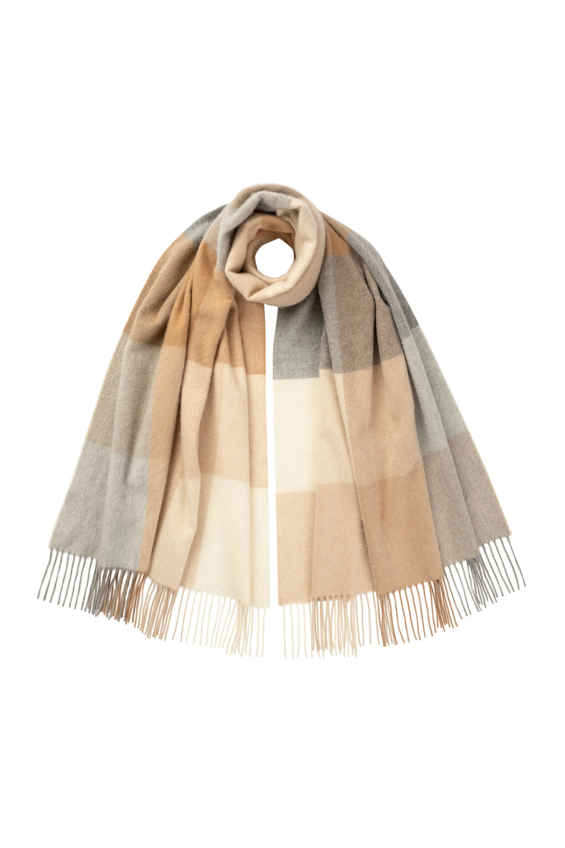 Block Check Camel Cashmere Stole - 1