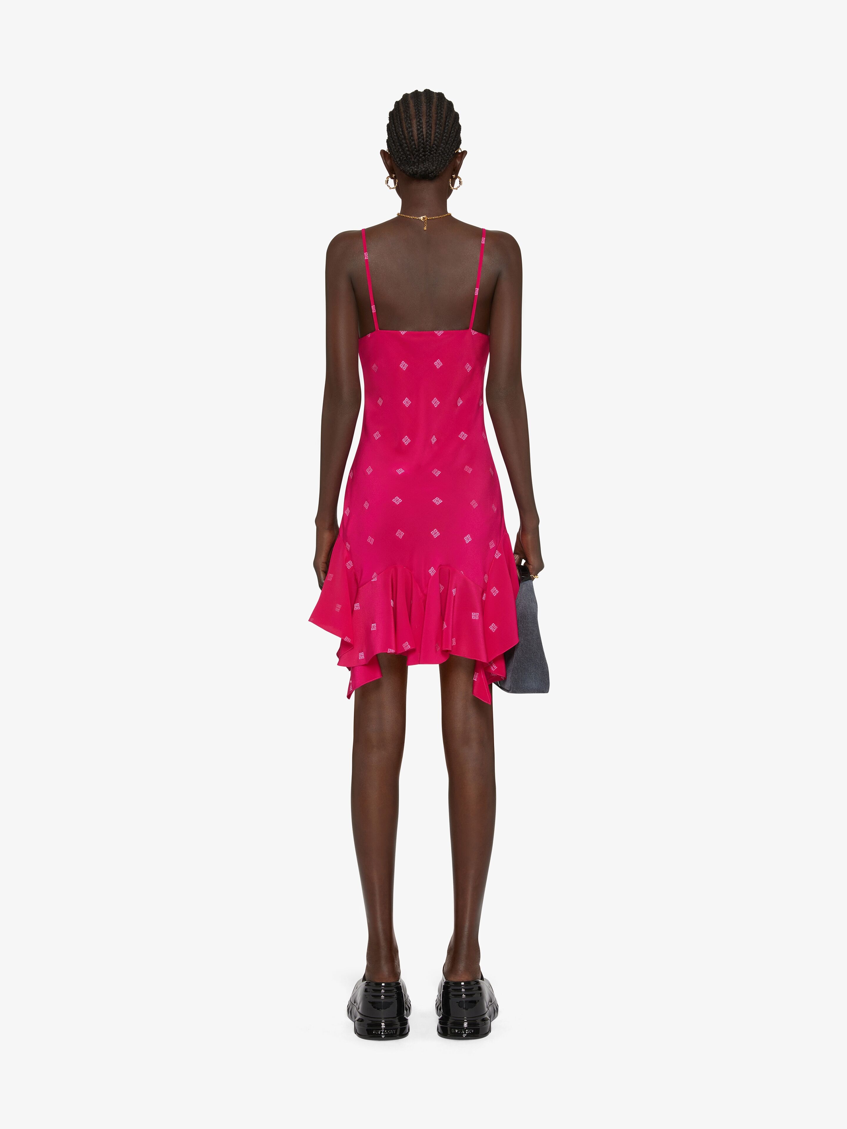 STRAPS DRESS IN 4G SILK WITH RUFFLES - 4