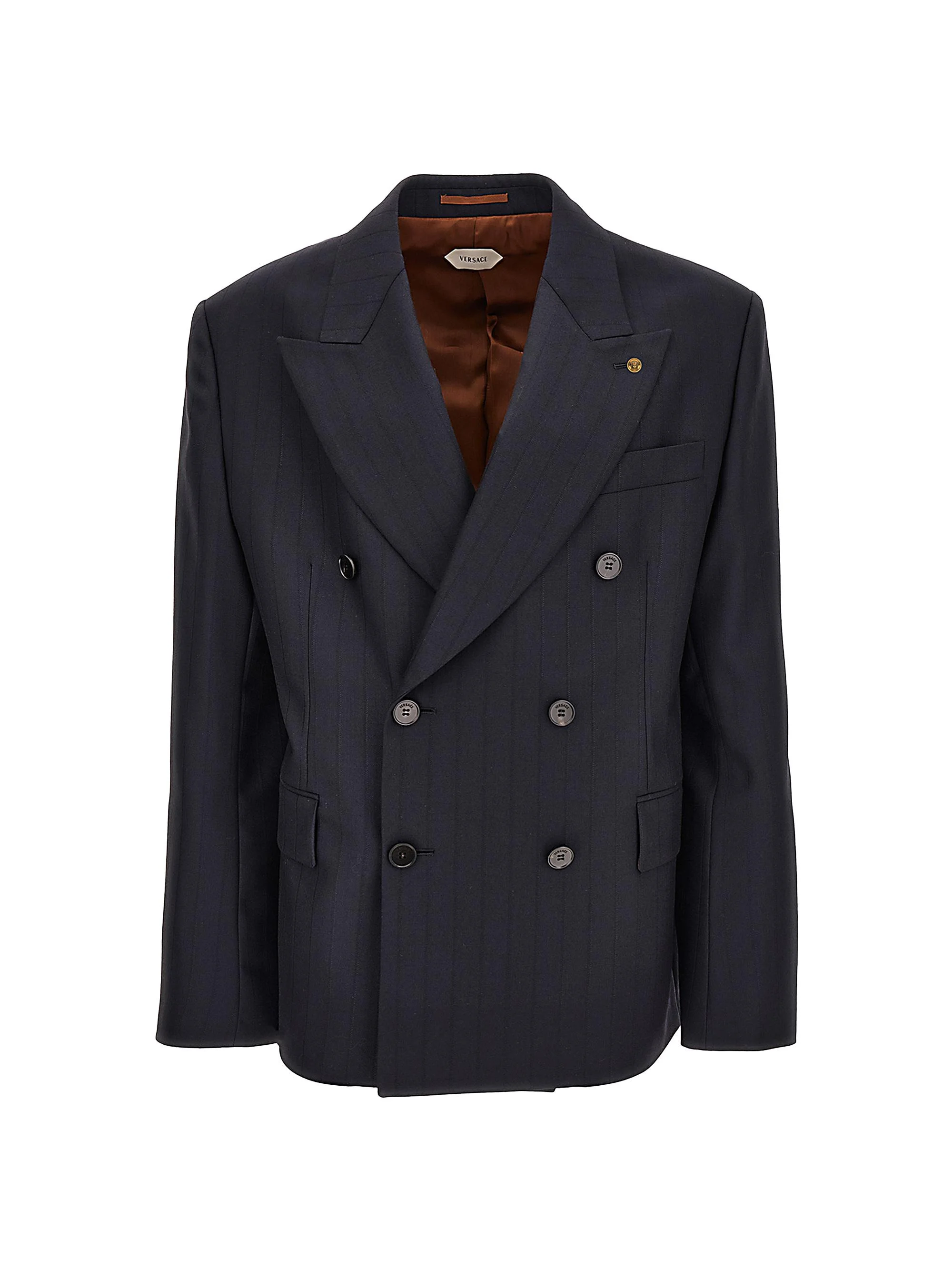 Men's Pinstriped Double-Breasted Virgin Wool Jacket - Dark Navy Black - 1